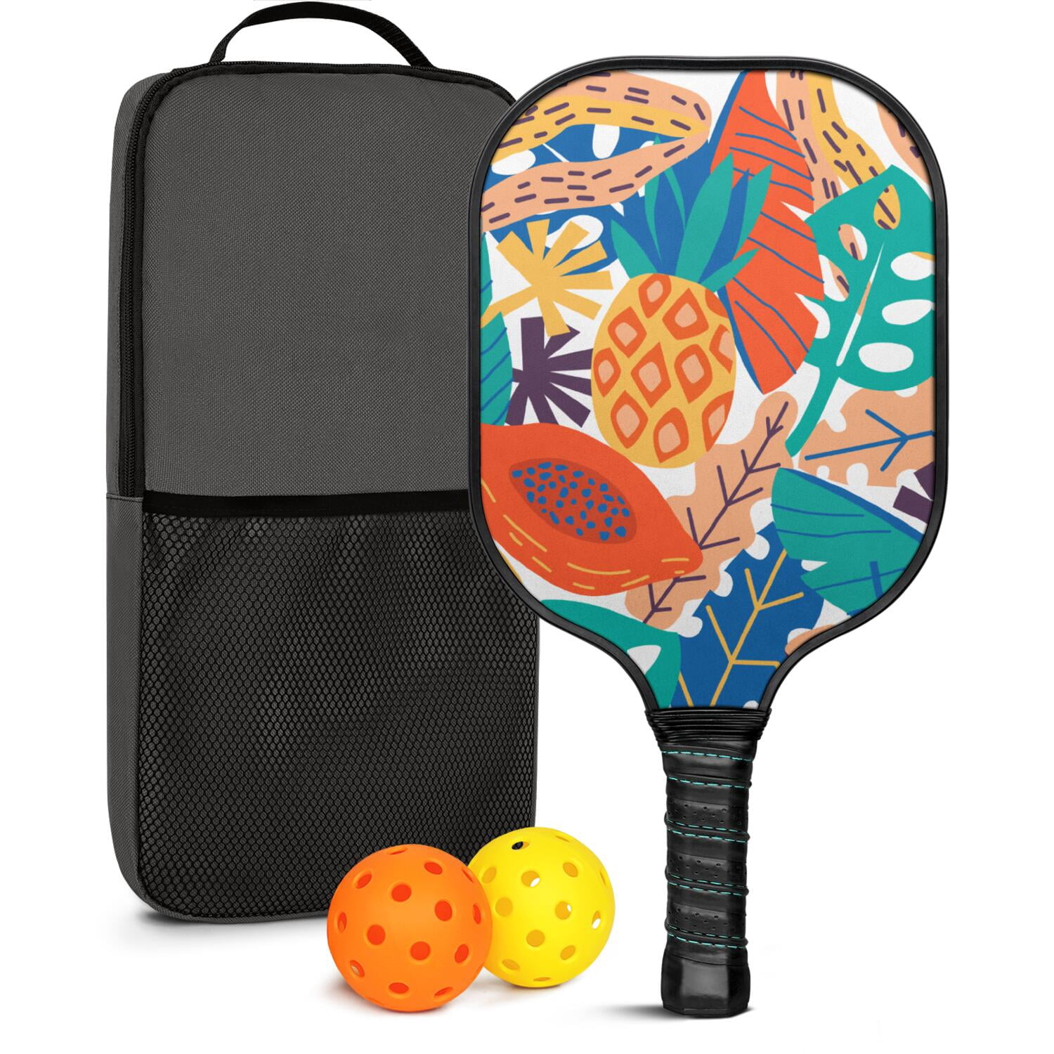 Pickleball Paddles Set Of 1, Fiberglass Surface, Tropical Leaf Print, 1 Paddle, 2 Balls & Bag