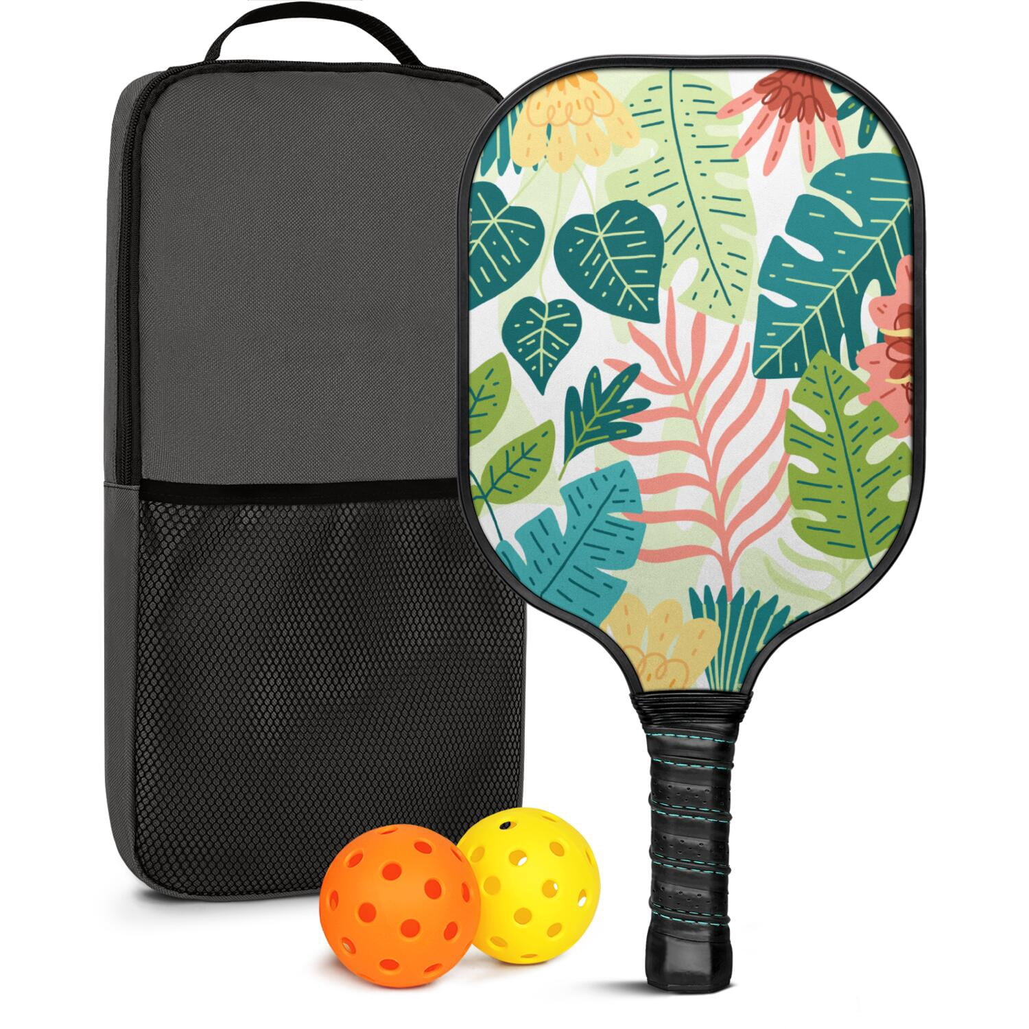 Pickleball Paddles Set Of 1, Fiberglass Surface, Tropical Leaf Print, 1 Paddle, 2 Balls & Bag