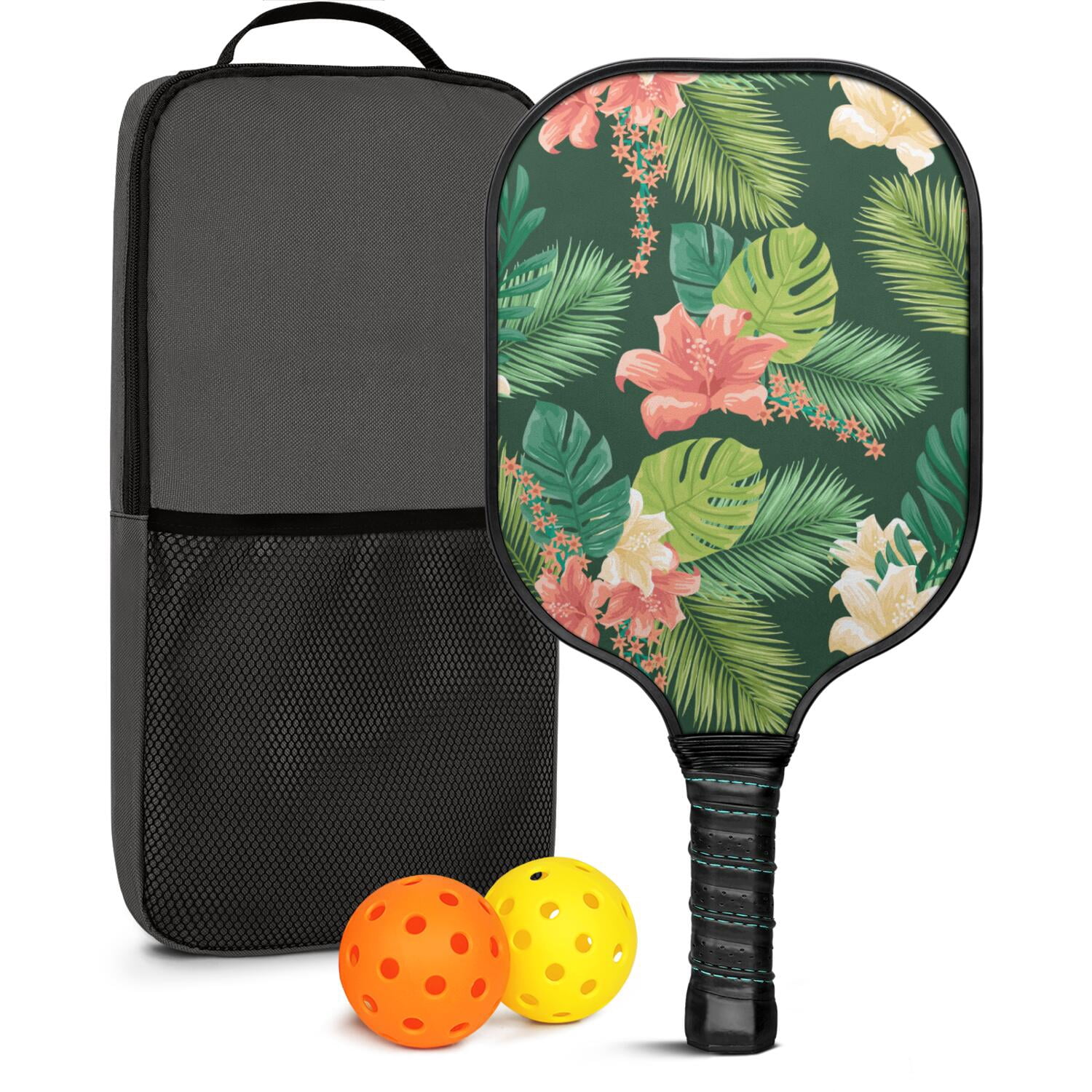 Pickleball Paddles Set Of 1, Fiberglass Surface, Tropical Leaf Print, 1 Paddle, 2 Balls & Bag