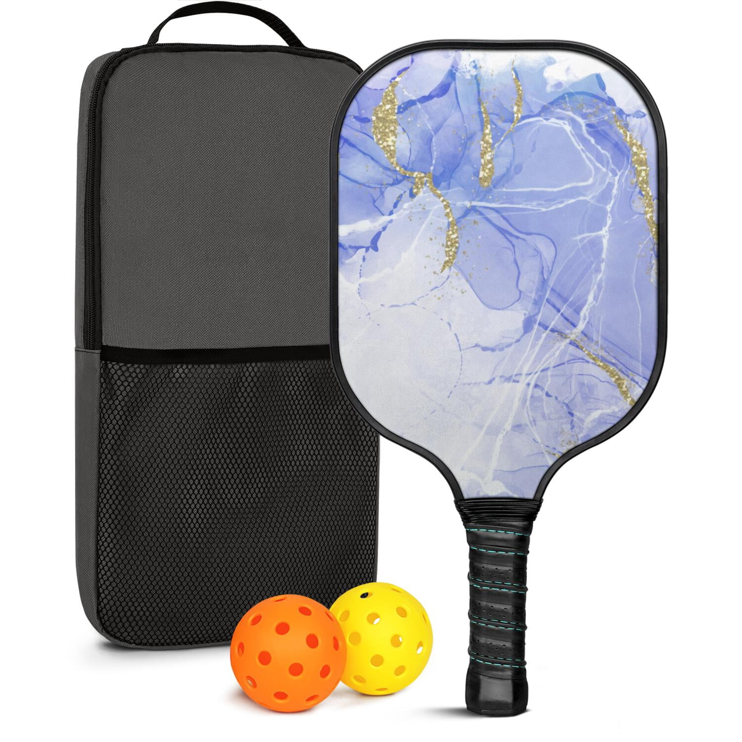 Pickleball Paddles Set Of 1, Fiberglass Surface, Turquoise Marble Pattern, 1 Paddle, 2 Balls & Bag