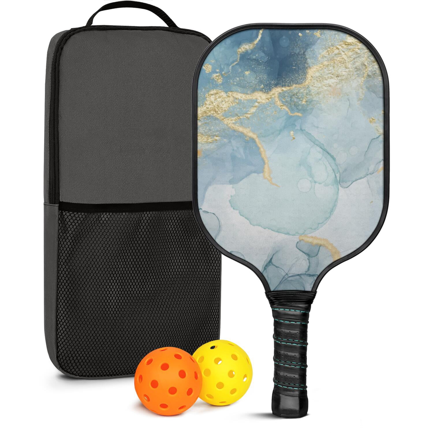 Pickleball Paddles Set Of 1, Fiberglass Surface, Turquoise Marble Pattern, 1 Paddle, 2 Balls & Bag
