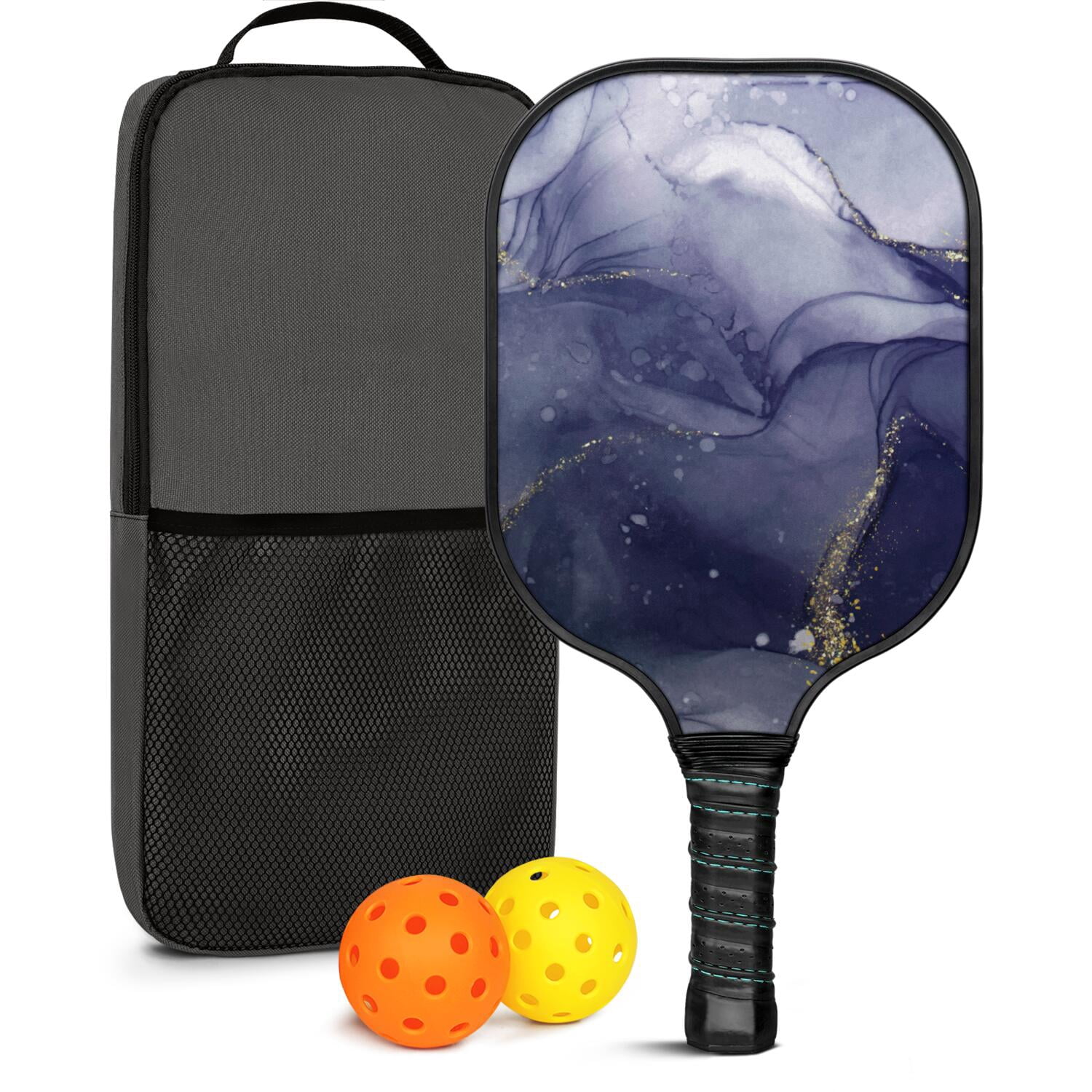 Pickleball Paddles Set Of 1, Fiberglass Surface, Turquoise Marble Pattern, 1 Paddle, 2 Balls & Bag