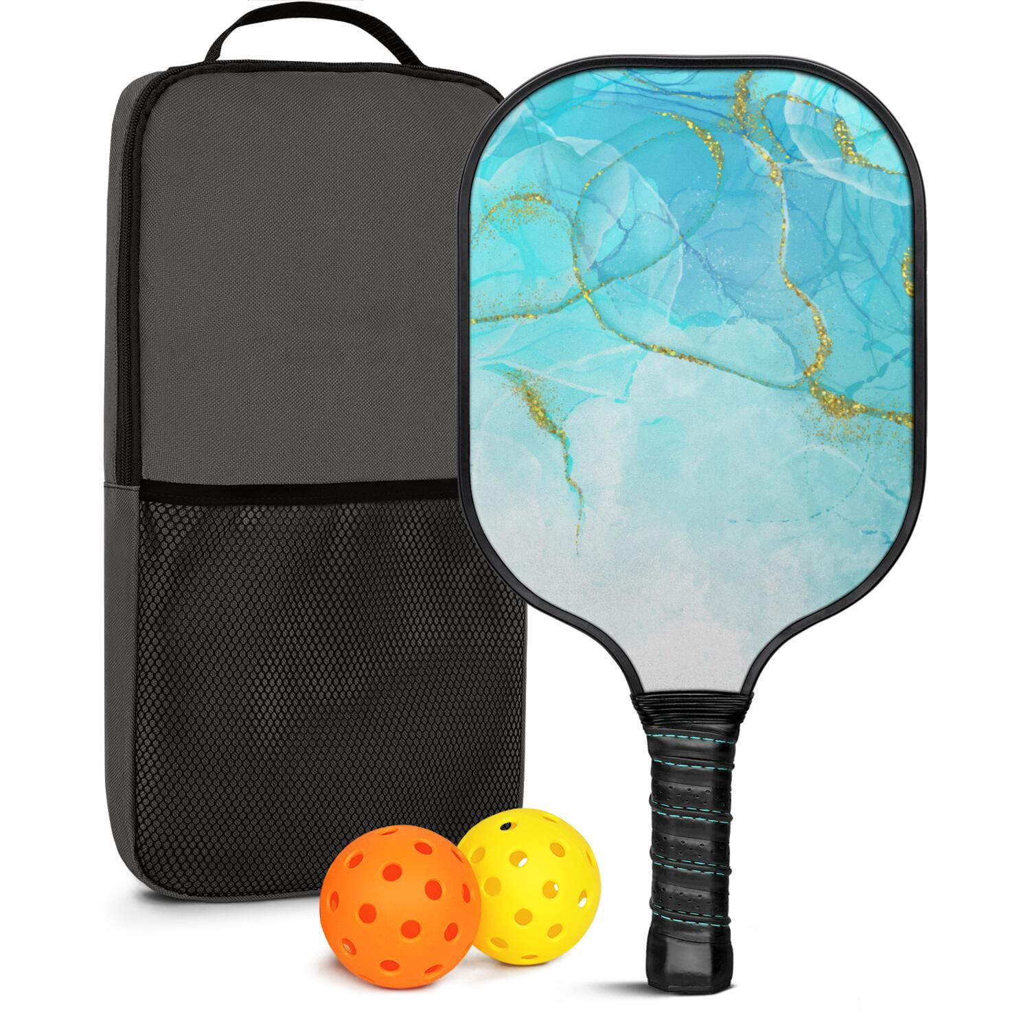 Pickleball Paddles Set Of 1, Fiberglass Surface, Turquoise Marble Pattern, 1 Paddle, 2 Balls & Bag