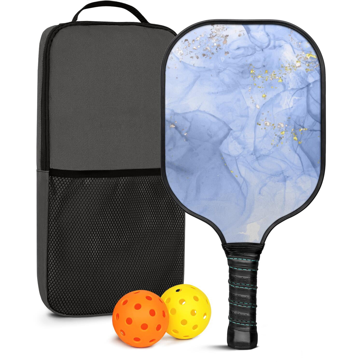 Pickleball Paddles Set Of 1, Fiberglass Surface, Turquoise Marble Pattern, 1 Paddle, 2 Balls & Bag