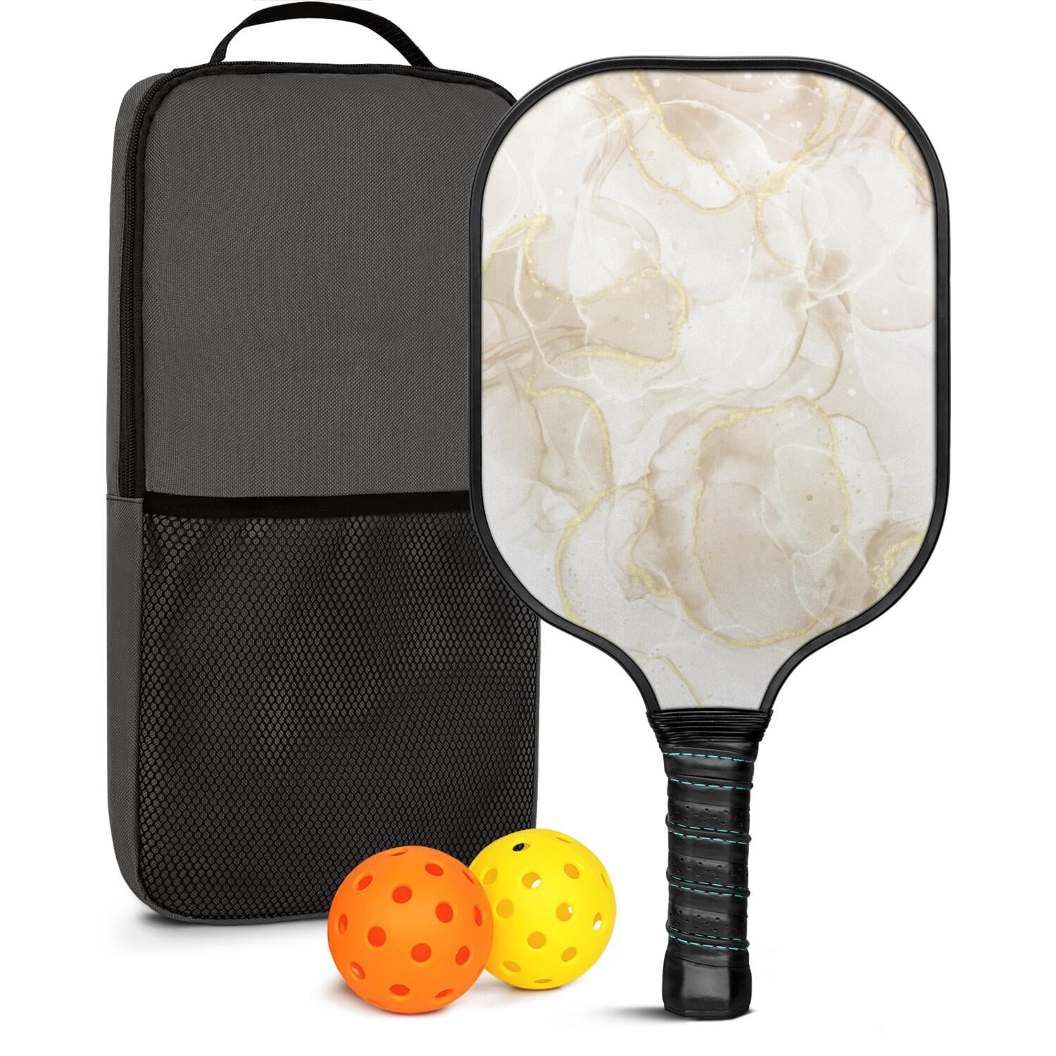 Pickleball Paddles Set Of 1, Fiberglass Surface, Turquoise Marble Pattern, 1 Paddle, 2 Balls & Bag