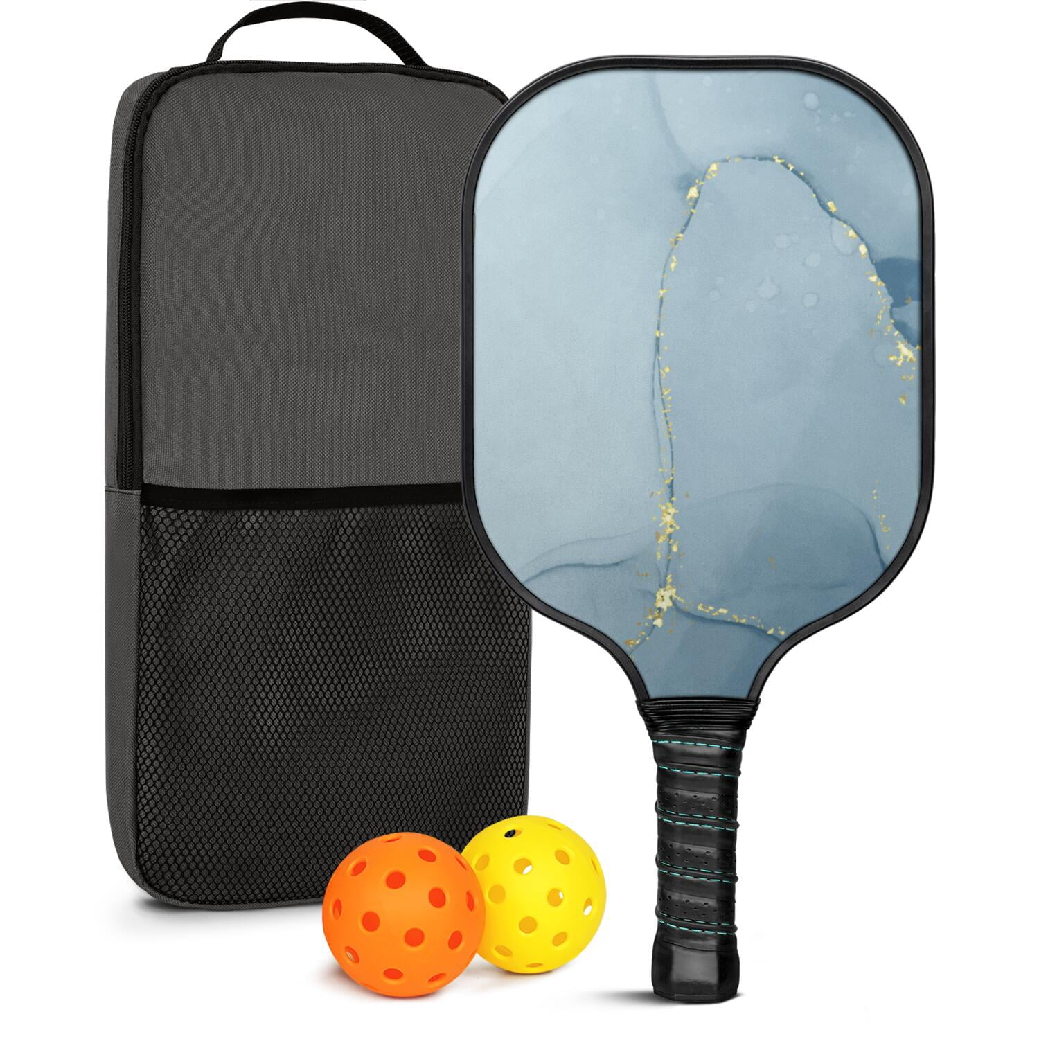 Pickleball Paddles Set Of 1, Fiberglass Surface, Turquoise Marble Pattern, 1 Paddle, 2 Balls & Bag