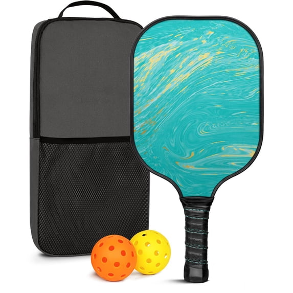 Pickleball Paddles Set Of 1, Fiberglass Surface, Turquoise Marble Pattern, 1 Paddle, 2 Balls & Bag