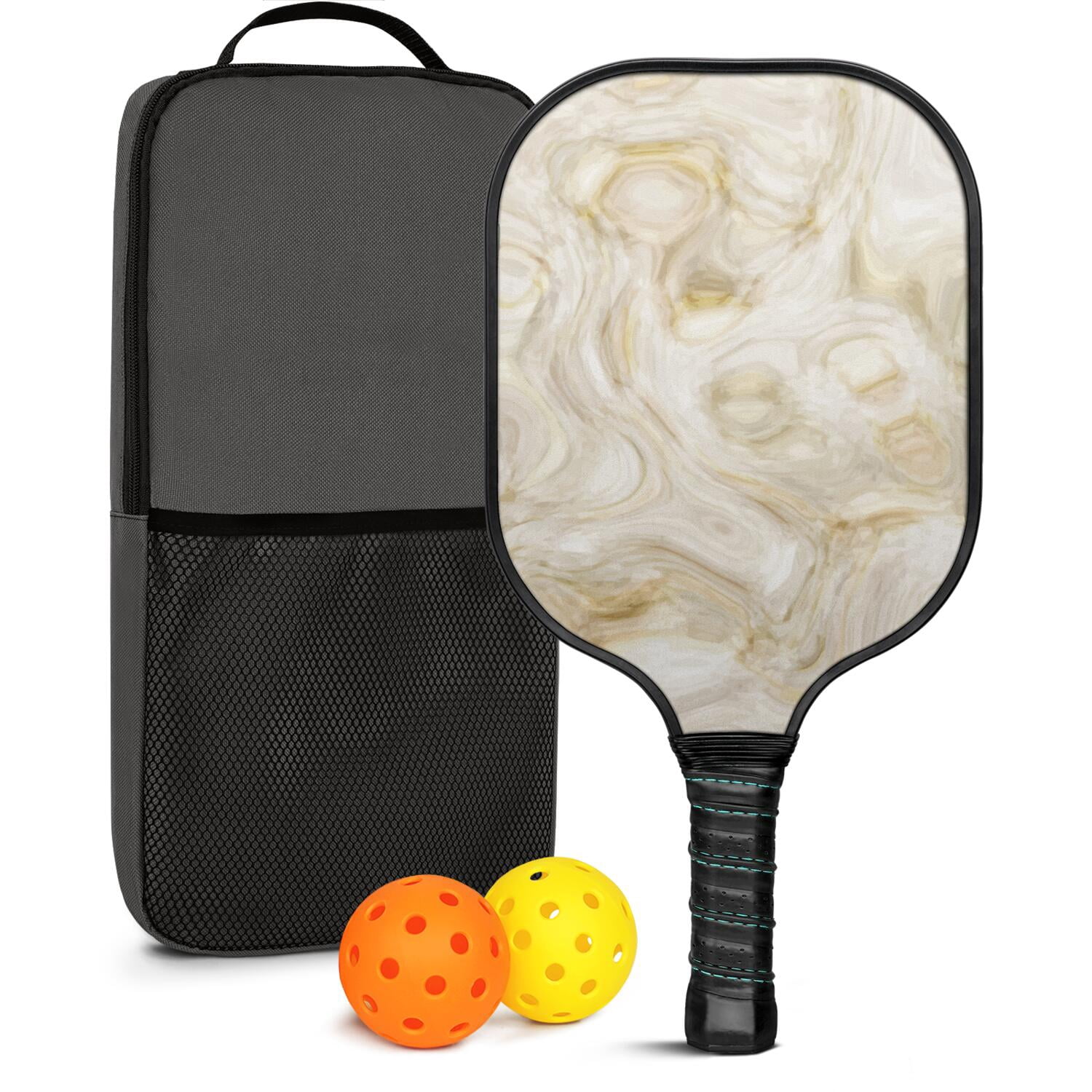 Pickleball Paddles Set Of 1, Fiberglass Surface, Turquoise Marble Pattern, 1 Paddle, 2 Balls & Bag