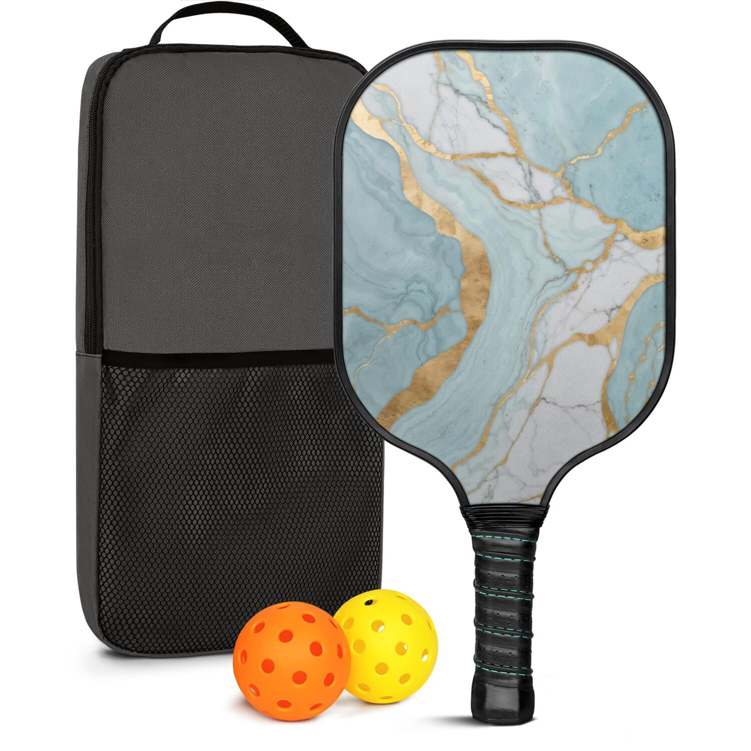 Pickleball Paddles Set Of 1, Fiberglass Surface, Turquoise Marble Pattern, 1 Paddle, 2 Balls & Bag