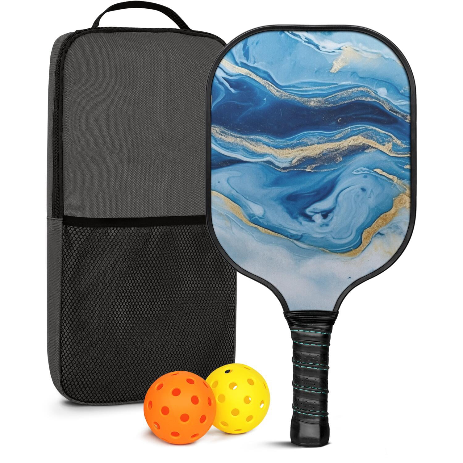 Pickleball Paddles Set Of 1, Fiberglass Surface, Turquoise Marble Pattern, 1 Paddle, 2 Balls & Bag