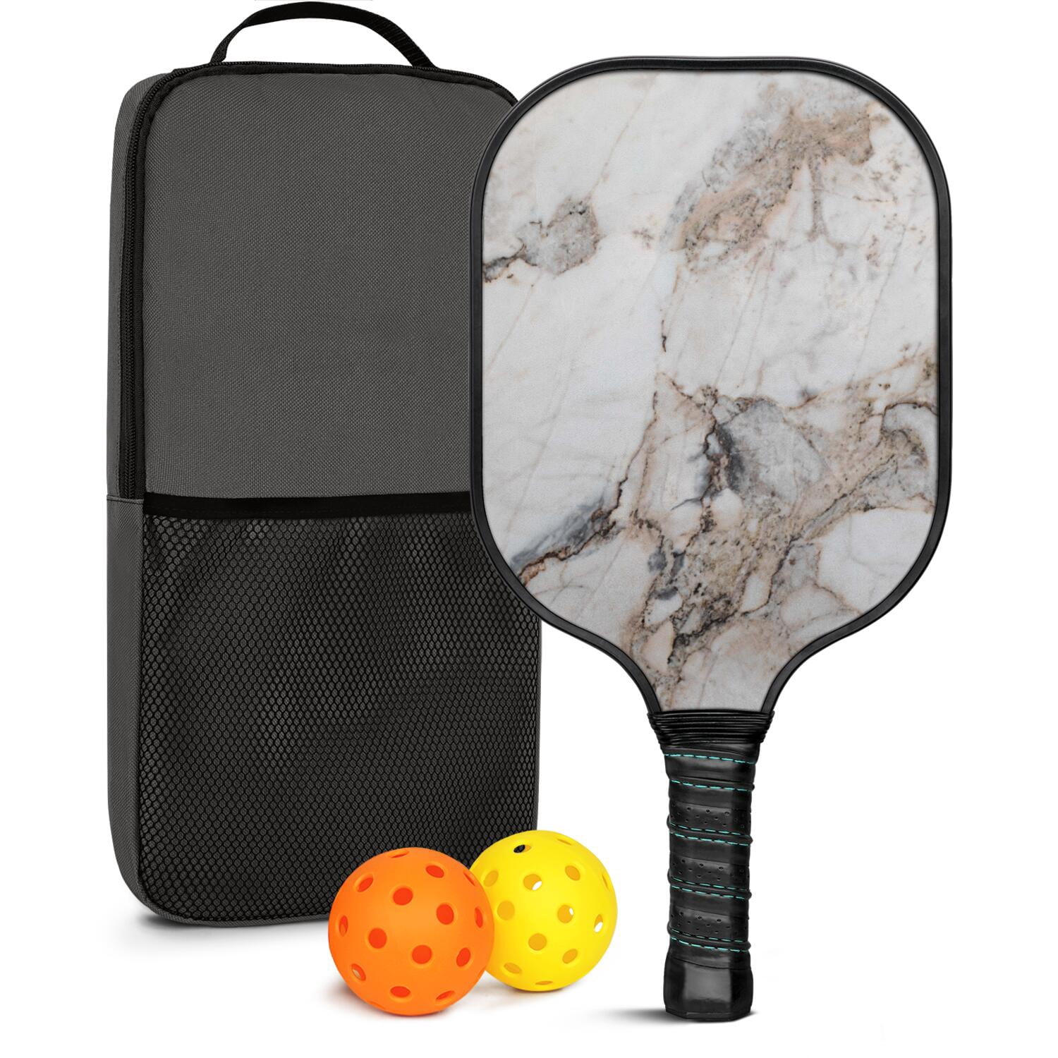 Pickleball Paddles Set Of 1, Fiberglass Surface, Turquoise Marble Pattern, 1 Paddle, 2 Balls & Bag