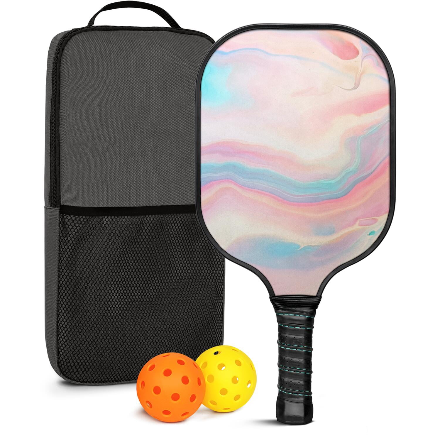 Pickleball Paddles Set Of 1, Fiberglass Surface, Turquoise Marble Pattern, 1 Paddle, 2 Balls & Bag