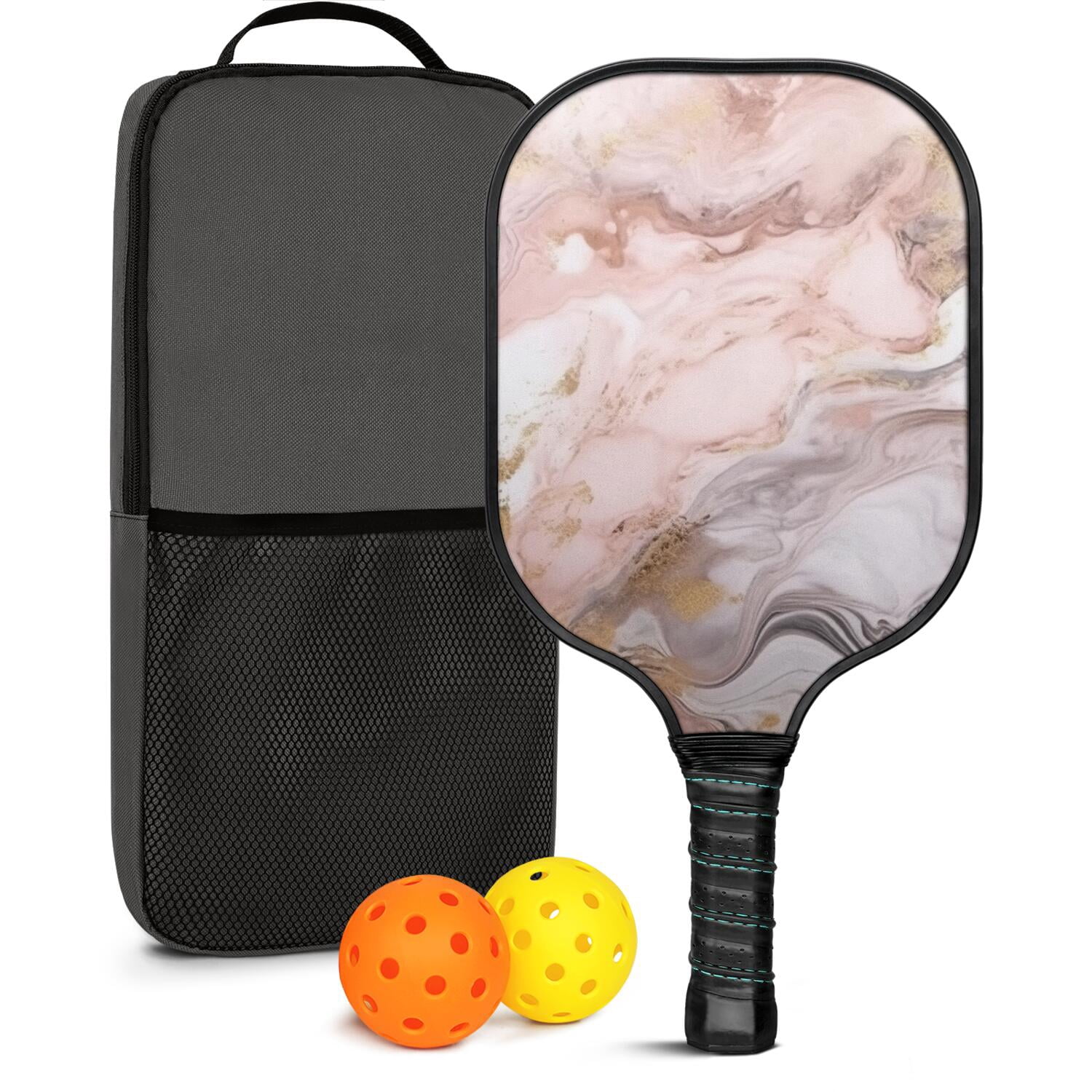 Pickleball Paddles Set Of 1, Fiberglass Surface, Turquoise Marble Pattern, 1 Paddle, 2 Balls & Bag