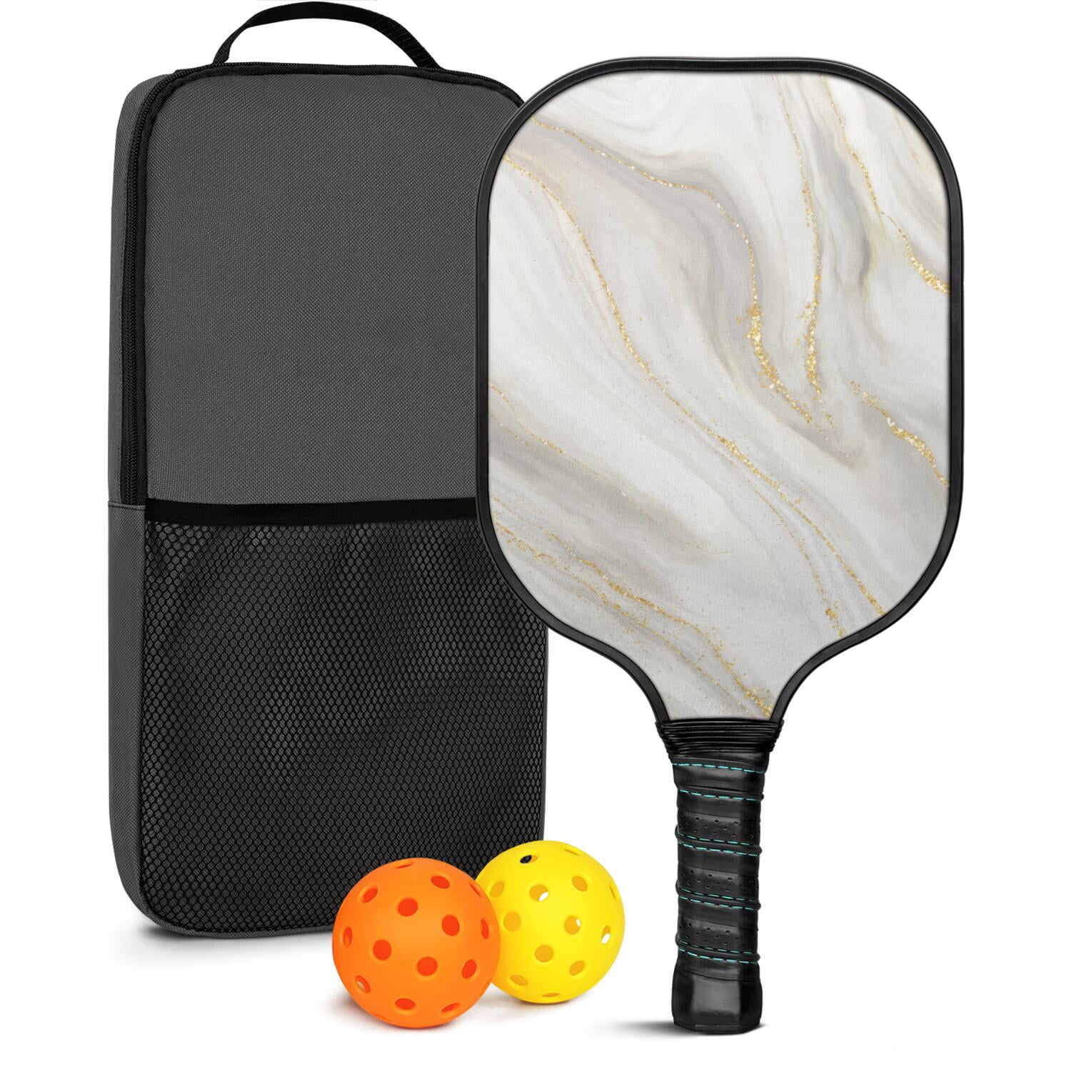 Pickleball Paddles Set Of 1, Fiberglass Surface, Turquoise Marble Pattern, 1 Paddle, 2 Balls & Bag