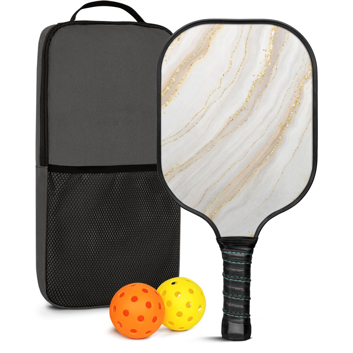 Pickleball Paddles Set Of 1, Fiberglass Surface, Turquoise Marble Pattern, 1 Paddle, 2 Balls & Bag