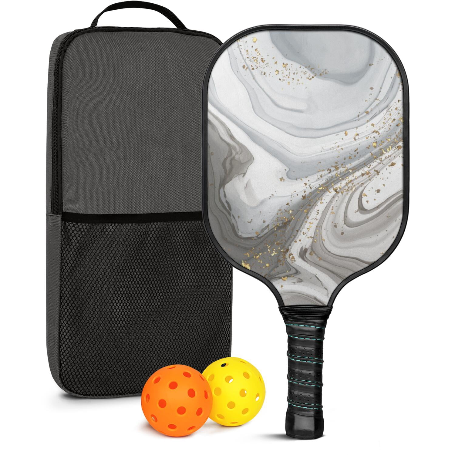 Pickleball Paddles Set Of 1, Fiberglass Surface, Turquoise Marble Pattern, 1 Paddle, 2 Balls & Bag