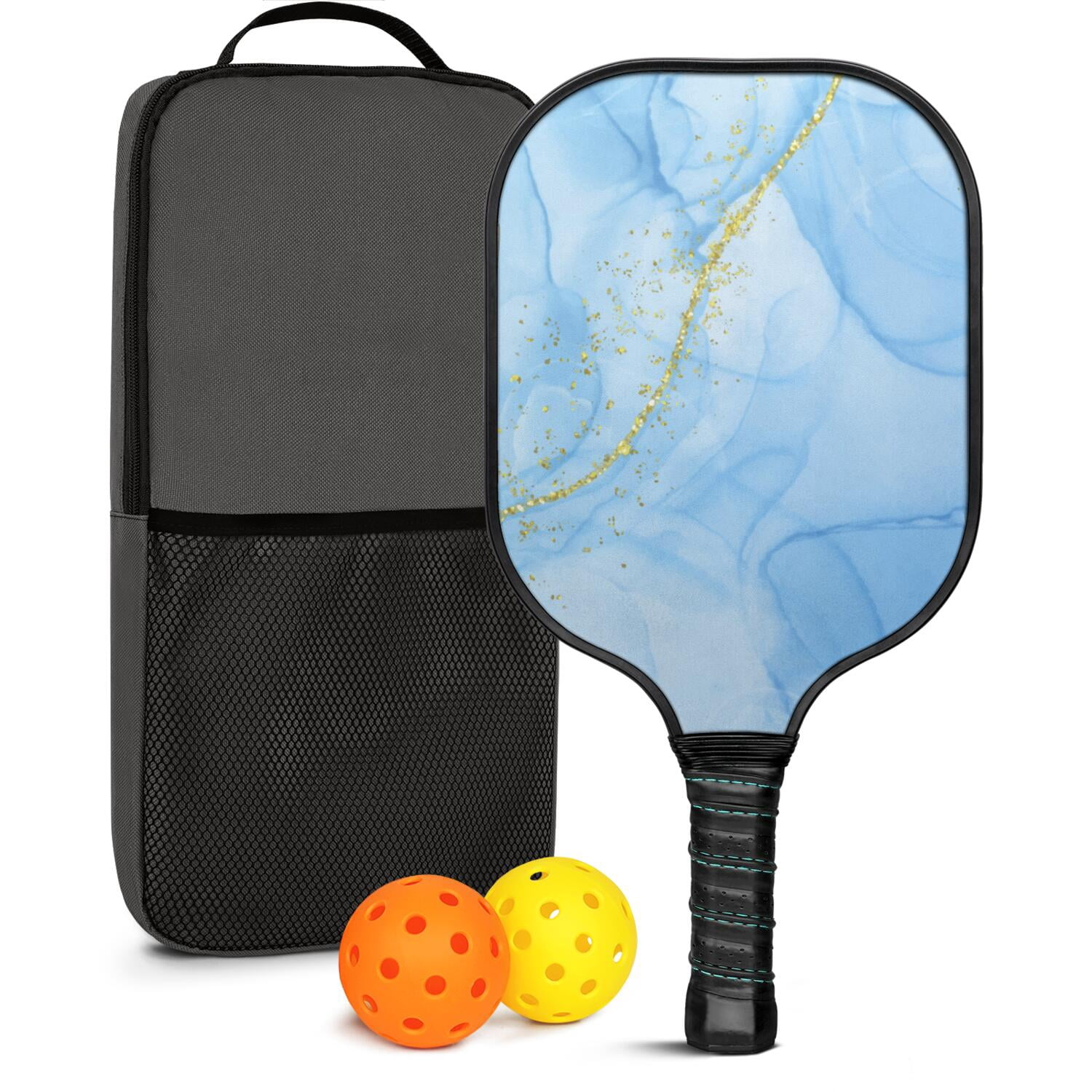 Pickleball Paddles Set Of 1, Fiberglass Surface, Turquoise Marble Pattern, 1 Paddle, 2 Balls & Bag