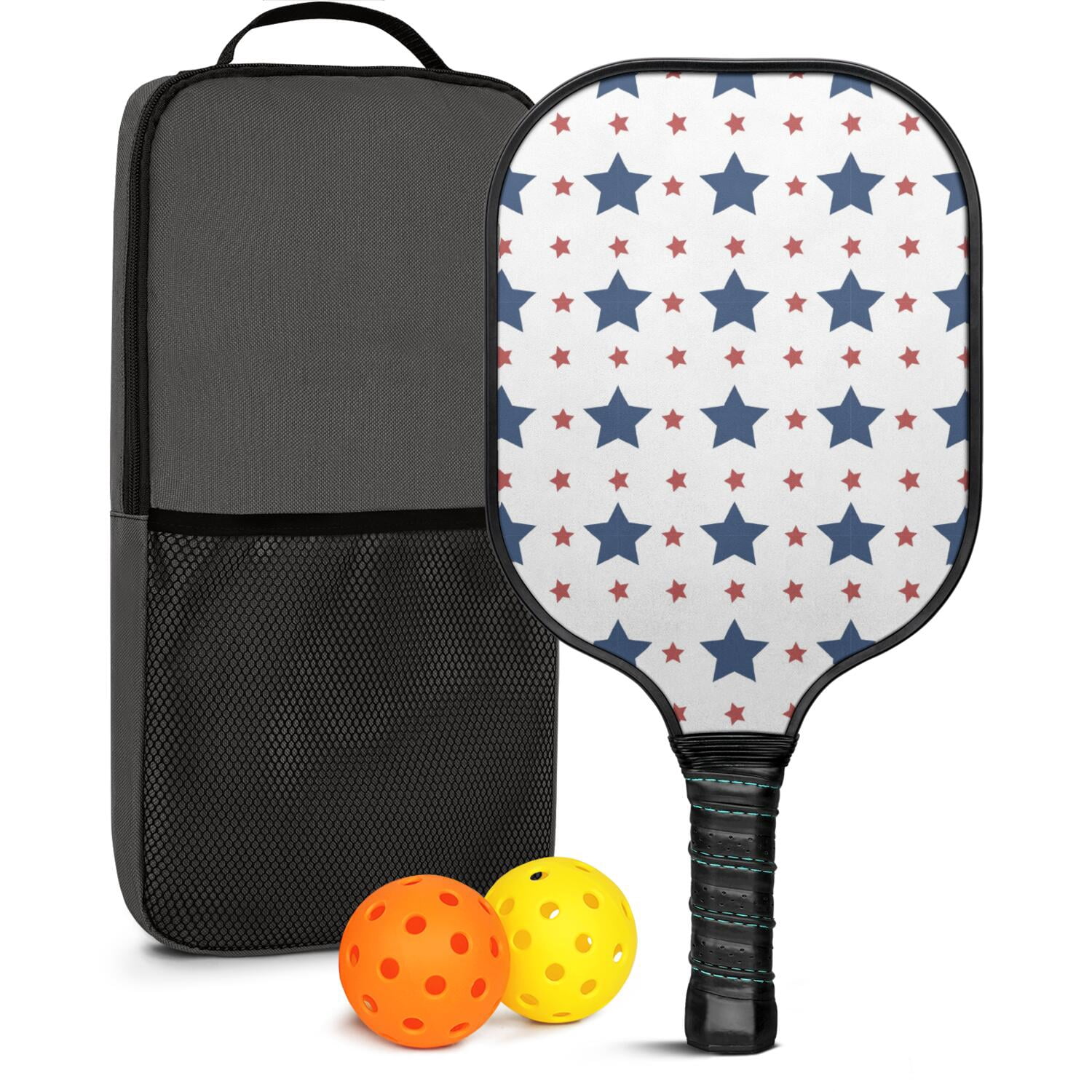 Pickleball Paddles Set Of 1, Fiberglass Surface, USA, Star Print, 1 Paddle, 2 Balls & Bag