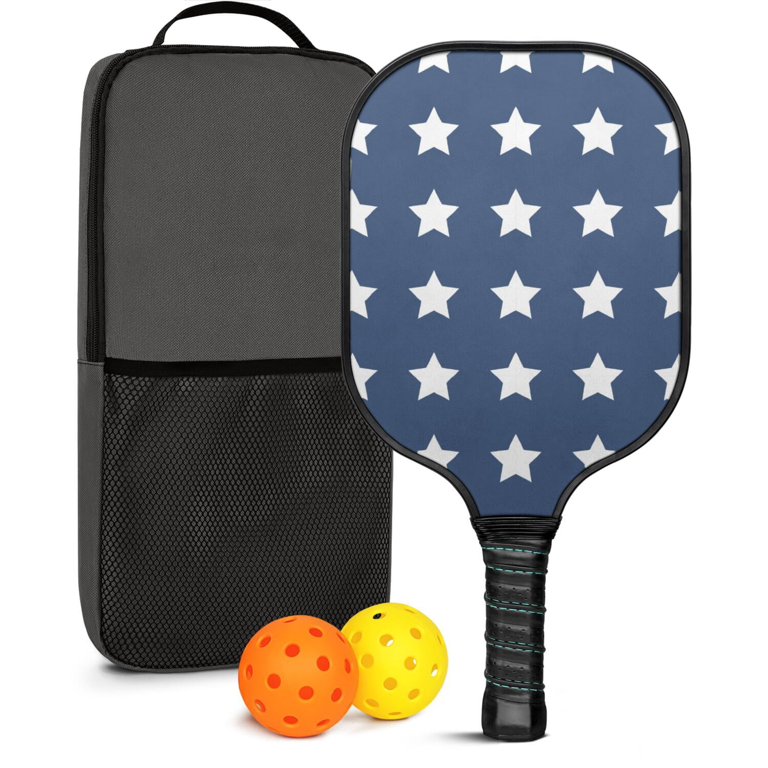 Pickleball Paddles Set Of 1, Fiberglass Surface, USA, Star Print, 1 Paddle, 2 Balls & Bag