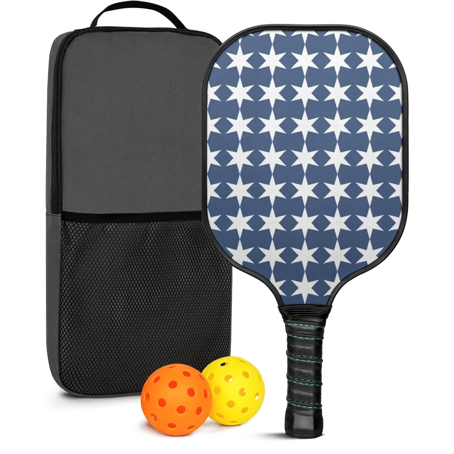 Pickleball Paddles Set Of 1, Fiberglass Surface, USA, Star Print, 1 Paddle, 2 Balls & Bag