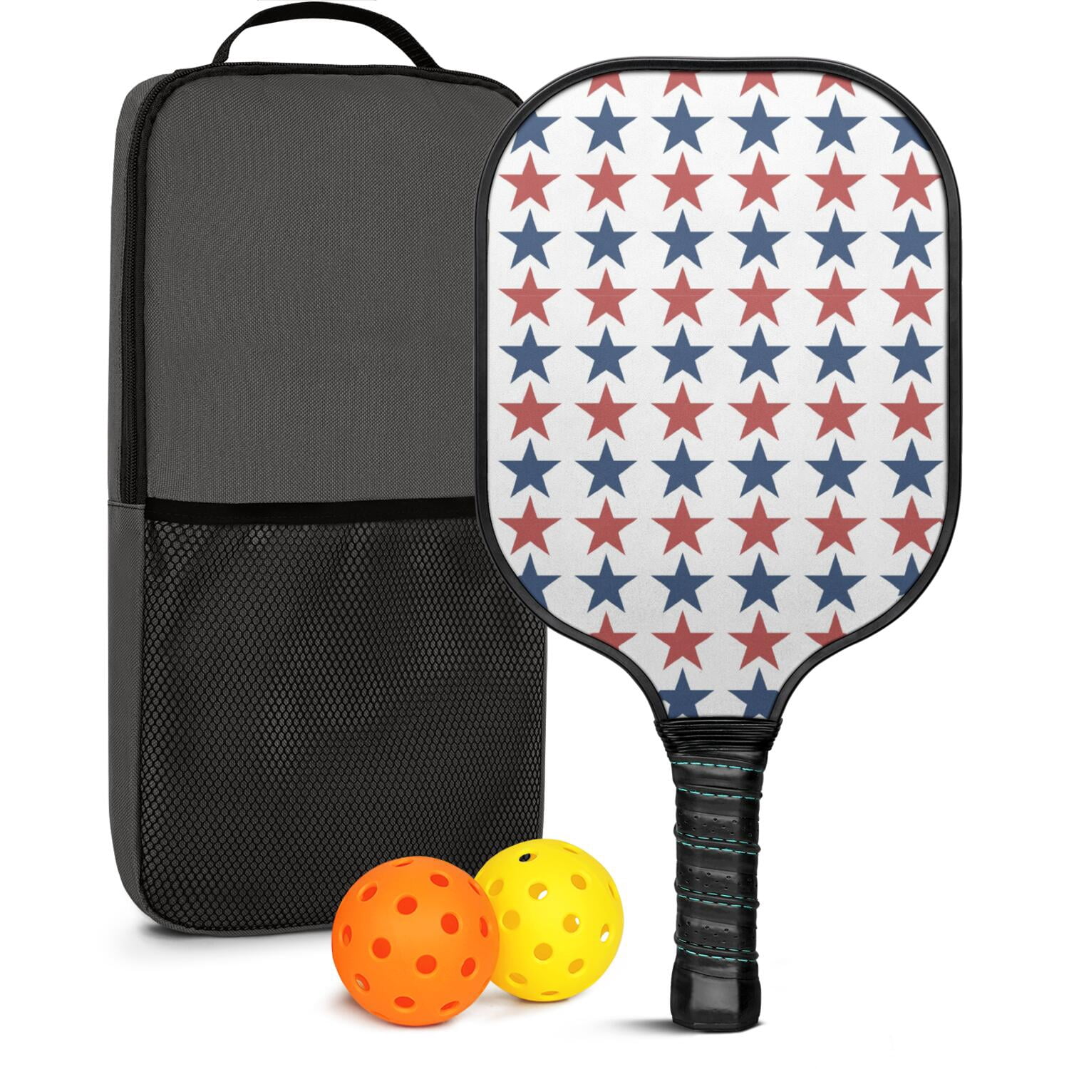 Pickleball Paddles Set Of 1, Fiberglass Surface, USA, Star Print, 1 Paddle, 2 Balls & Bag