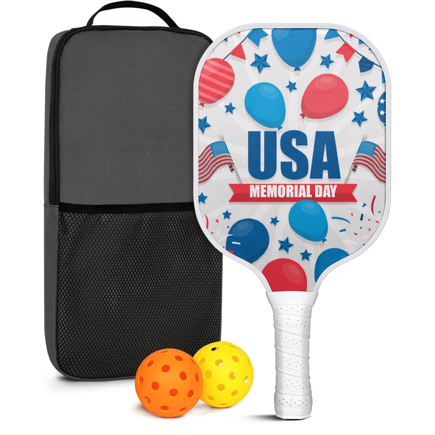 Pickleball Paddles Set Of 1, Fiberglass Surface, USA, Star Print, 1 Paddle, 2 Balls & Bag