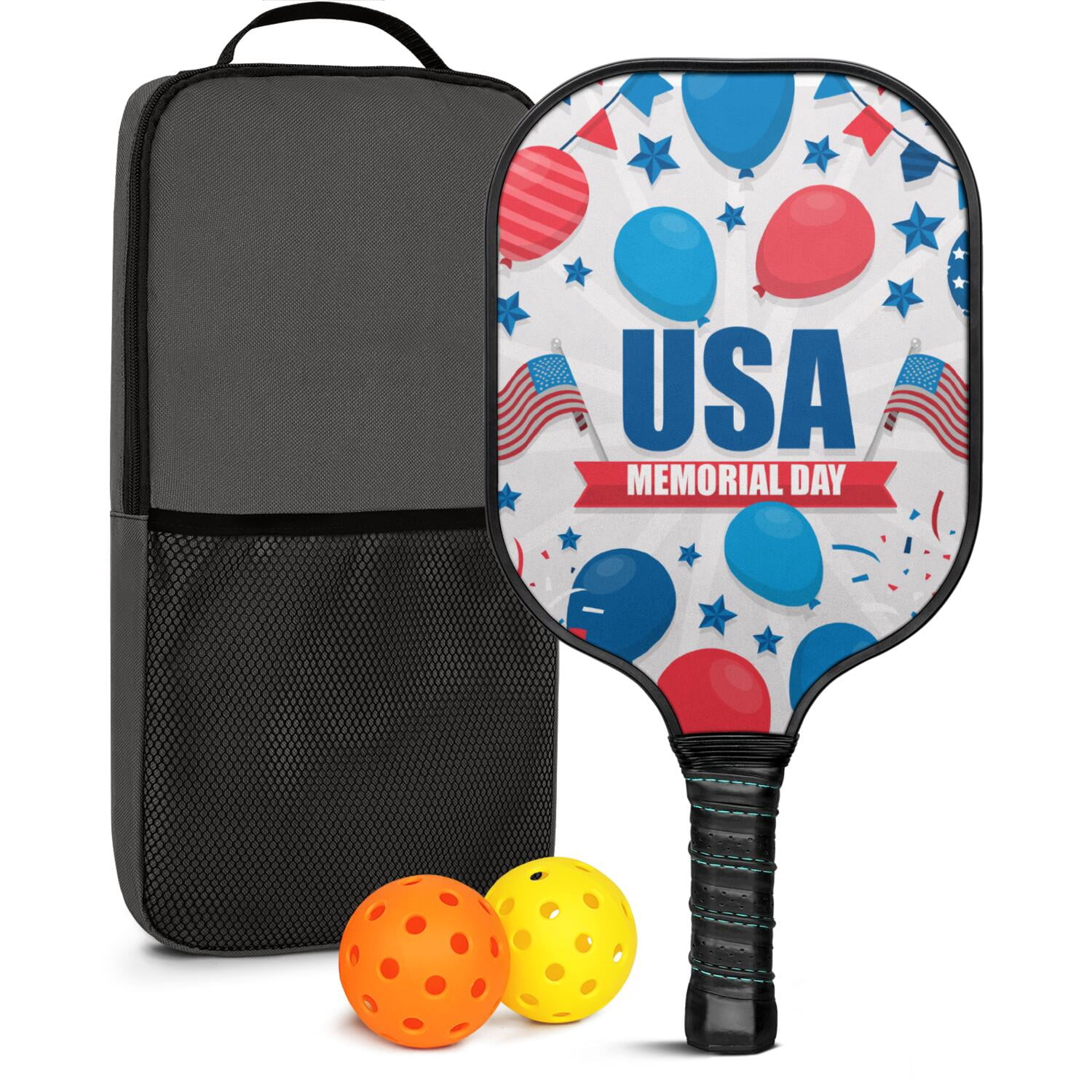 Pickleball Paddles Set Of 1, Fiberglass Surface, USA, Star Print, 1 Paddle, 2 Balls & Bag