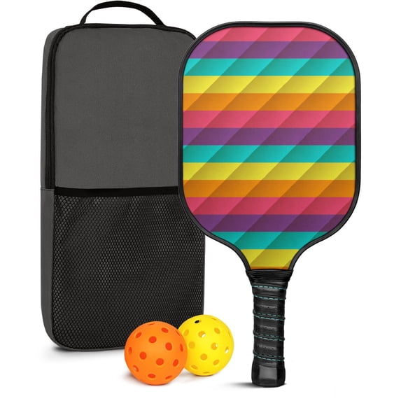 Pickleball Paddles Set Of 1, Fiberglass Surface, Vibrant Rainbow Print, 1 Paddle, 2 Balls & Bag