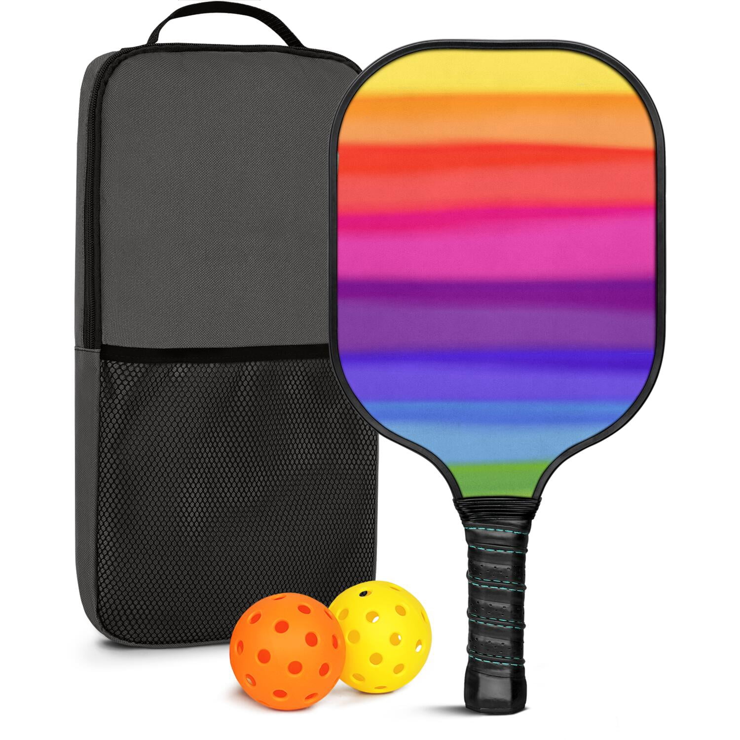 Pickleball Paddles Set Of 1, Fiberglass Surface, Vibrant Rainbow Print, 1 Paddle, 2 Balls & Bag