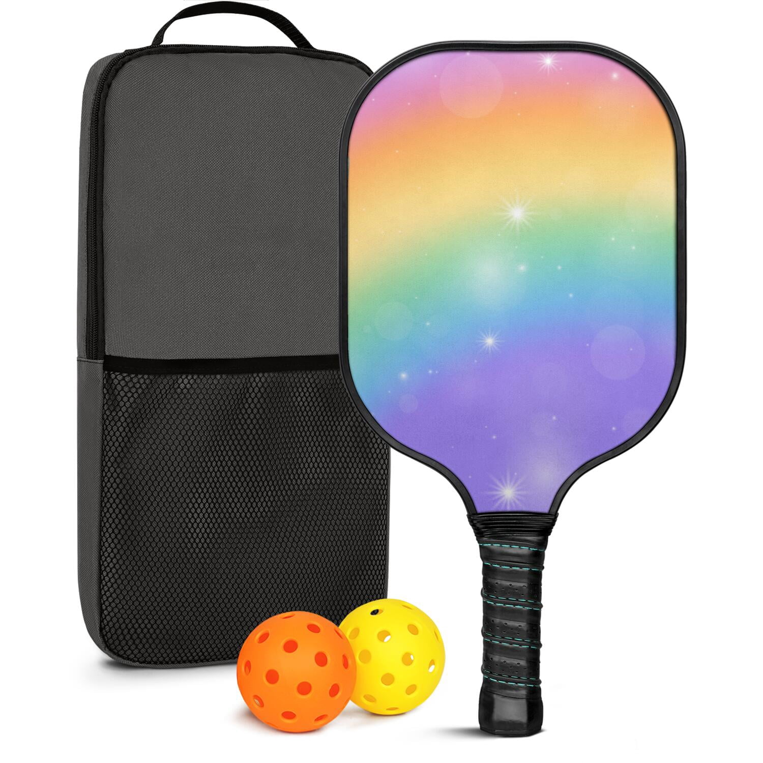 Pickleball Paddles Set Of 1, Fiberglass Surface, Vibrant Rainbow Print, 1 Paddle, 2 Balls & Bag