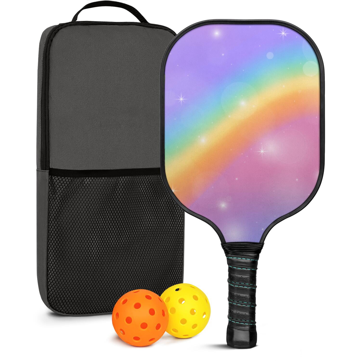 Pickleball Paddles Set Of 1, Fiberglass Surface, Vibrant Rainbow Print, 1 Paddle, 2 Balls & Bag