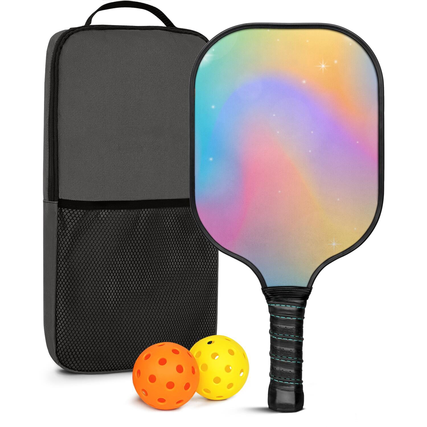 Pickleball Paddles Set Of 1, Fiberglass Surface, Vibrant Rainbow Print, 1 Paddle, 2 Balls & Bag