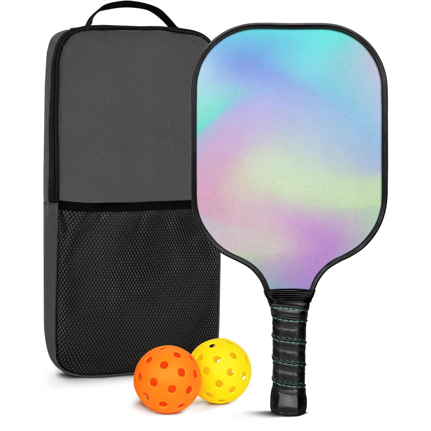 Pickleball Paddles Set Of 1, Fiberglass Surface, Vibrant Rainbow Print, 1 Paddle, 2 Balls & Bag