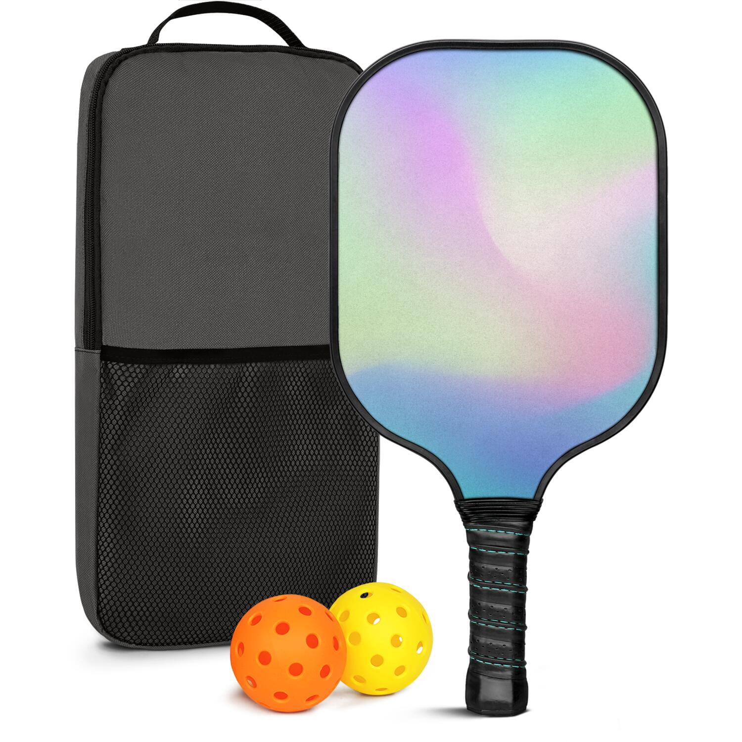 Pickleball Paddles Set Of 1, Fiberglass Surface, Vibrant Rainbow Print, 1 Paddle, 2 Balls & Bag
