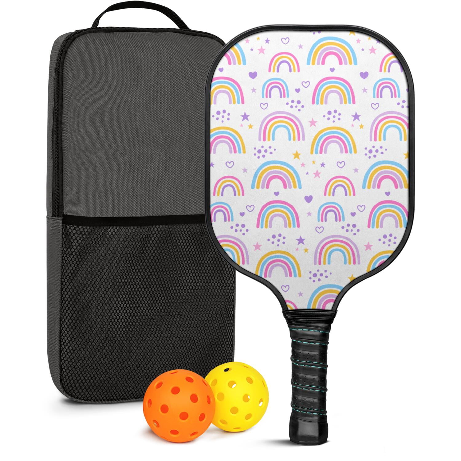 Pickleball Paddles Set Of 1, Fiberglass Surface, Vibrant Rainbow Print, 1 Paddle, 2 Balls & Bag