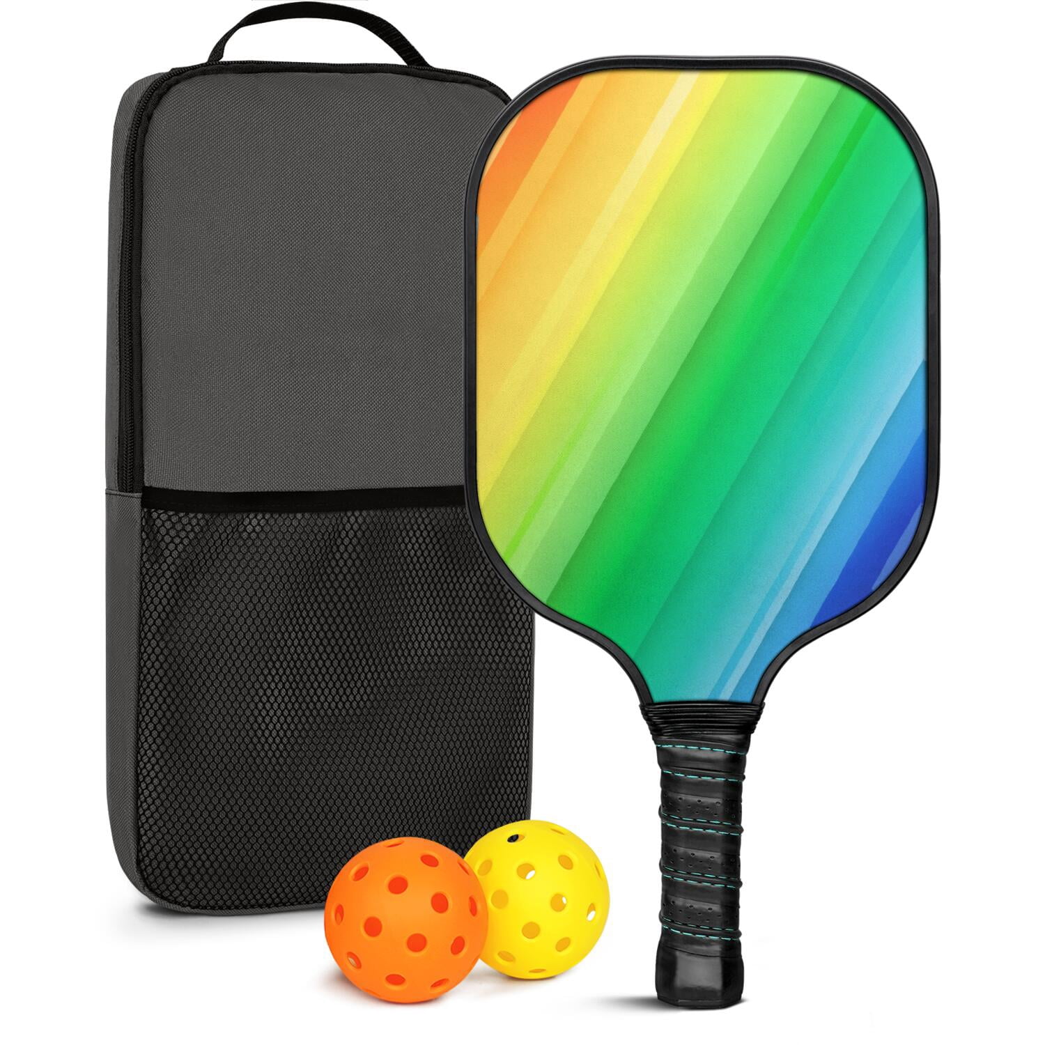 Pickleball Paddles Set Of 1, Fiberglass Surface, Vibrant Rainbow Print, 1 Paddle, 2 Balls & Bag