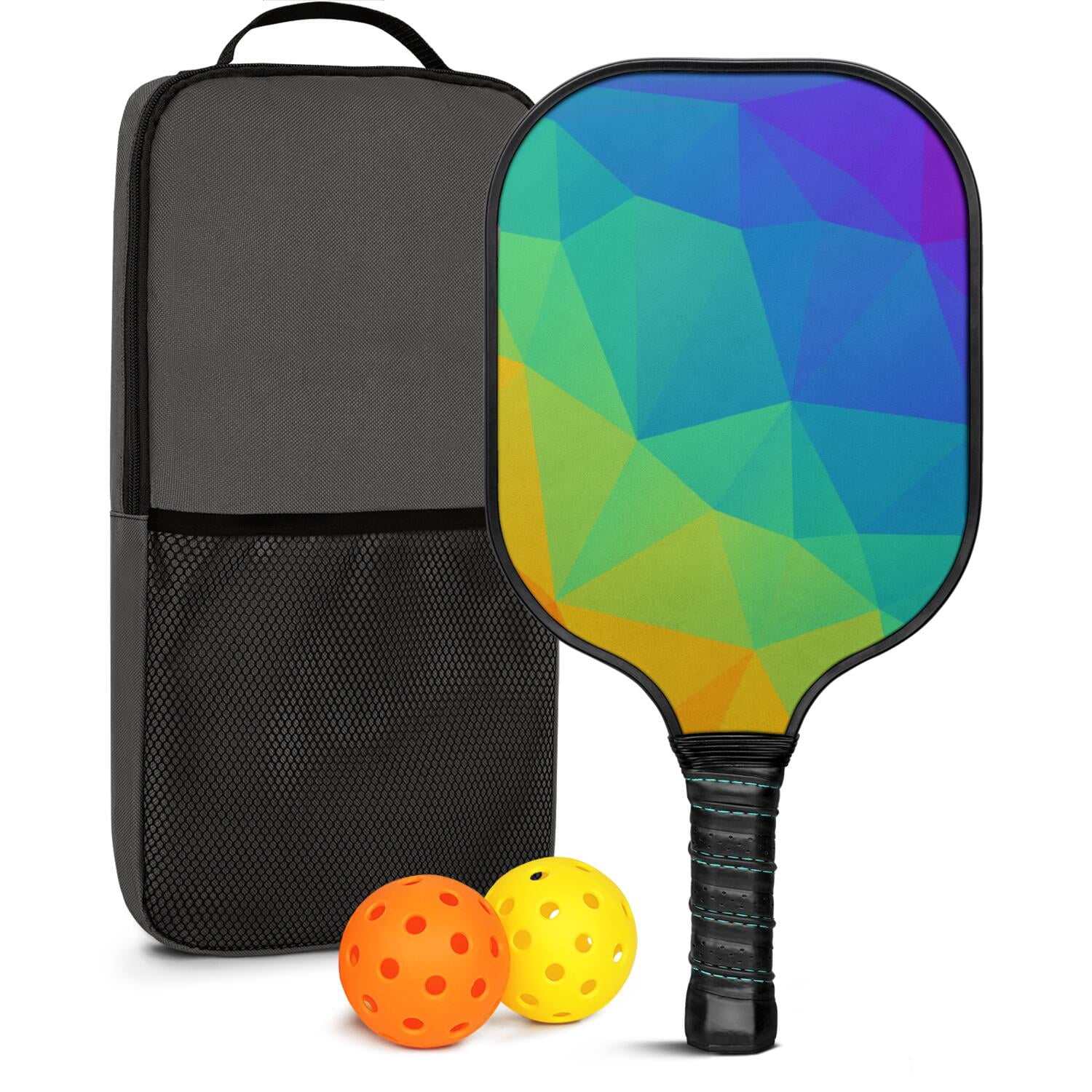 Pickleball Paddles Set Of 1, Fiberglass Surface, Vibrant Rainbow Print, 1 Paddle, 2 Balls & Bag