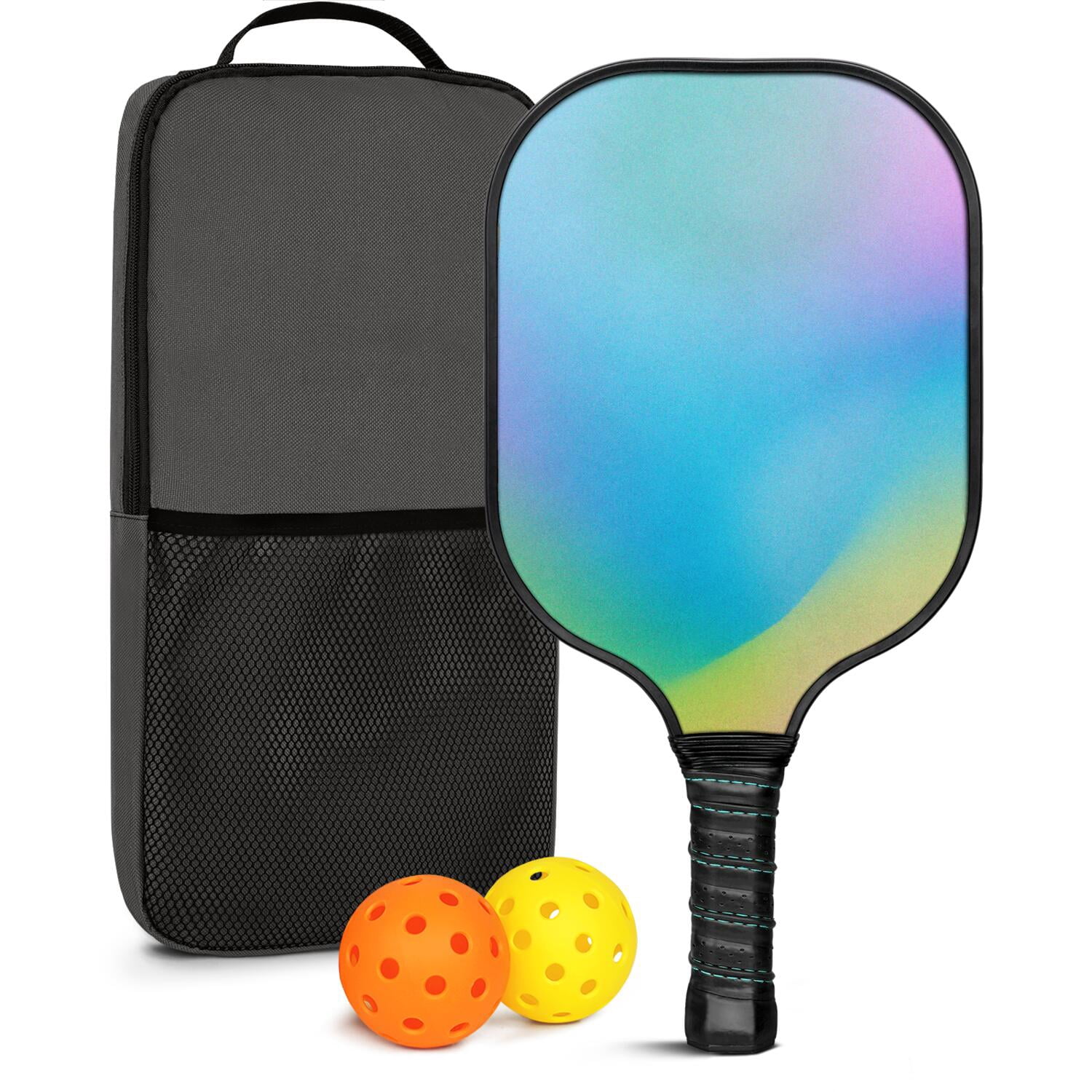 Pickleball Paddles Set Of 1, Fiberglass Surface, Vibrant Rainbow Print, 1 Paddle, 2 Balls & Bag