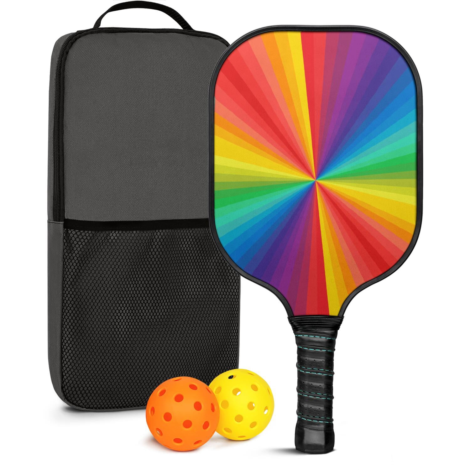 Pickleball Paddles Set Of 1, Fiberglass Surface, Vibrant Rainbow Print, 1 Paddle, 2 Balls & Bag