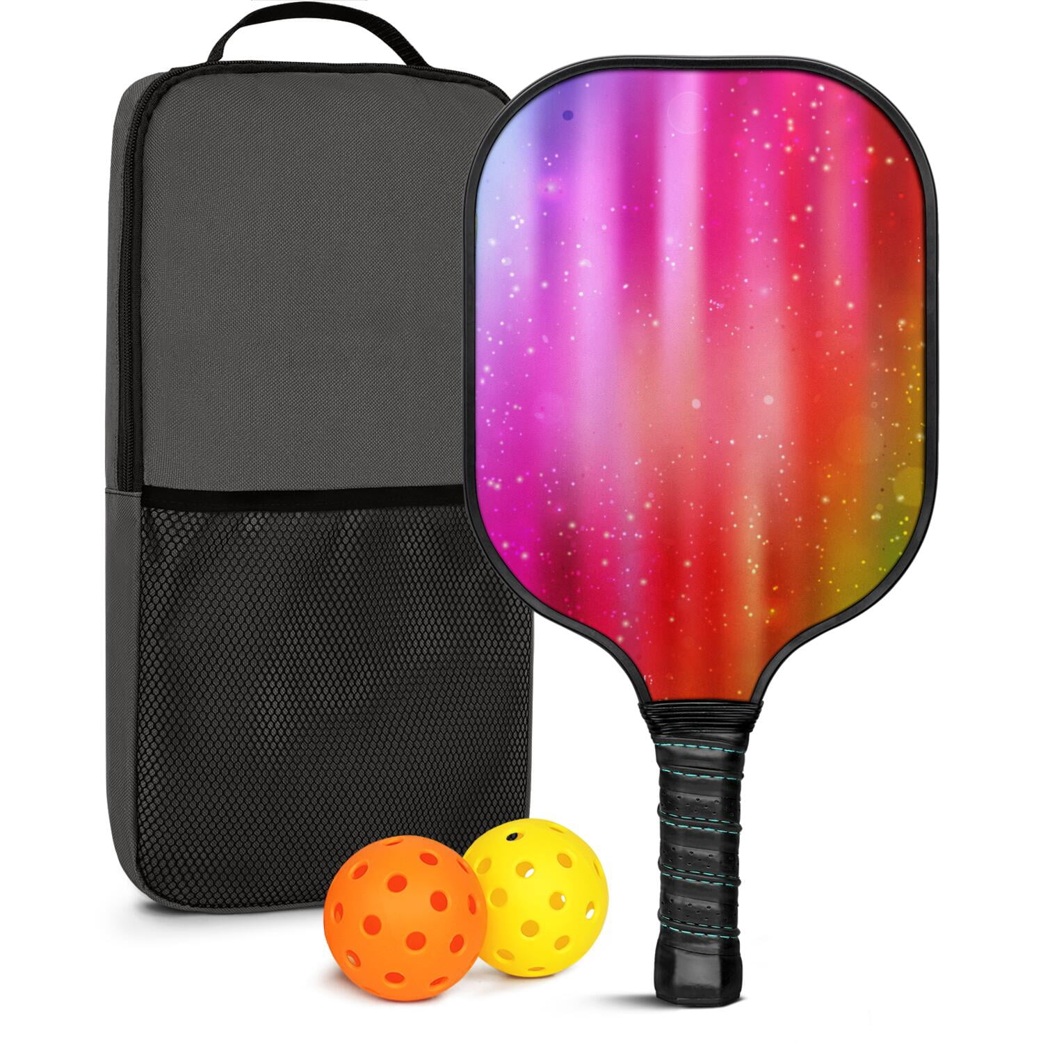 Pickleball Paddles Set Of 1, Fiberglass Surface, Vibrant Rainbow Print, 1 Paddle, 2 Balls & Bag