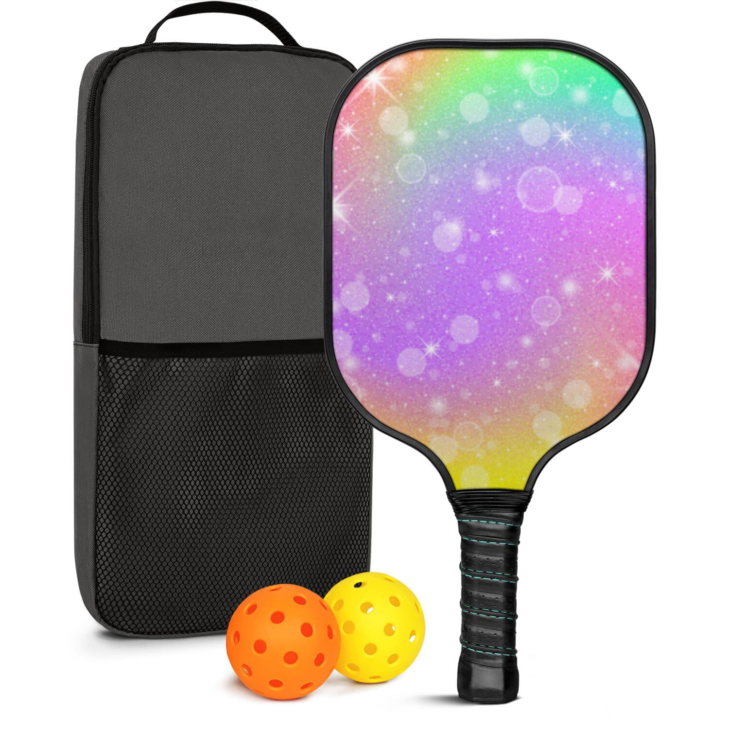 Pickleball Paddles Set Of 1, Fiberglass Surface, Vibrant Rainbow Print, 1 Paddle, 2 Balls & Bag