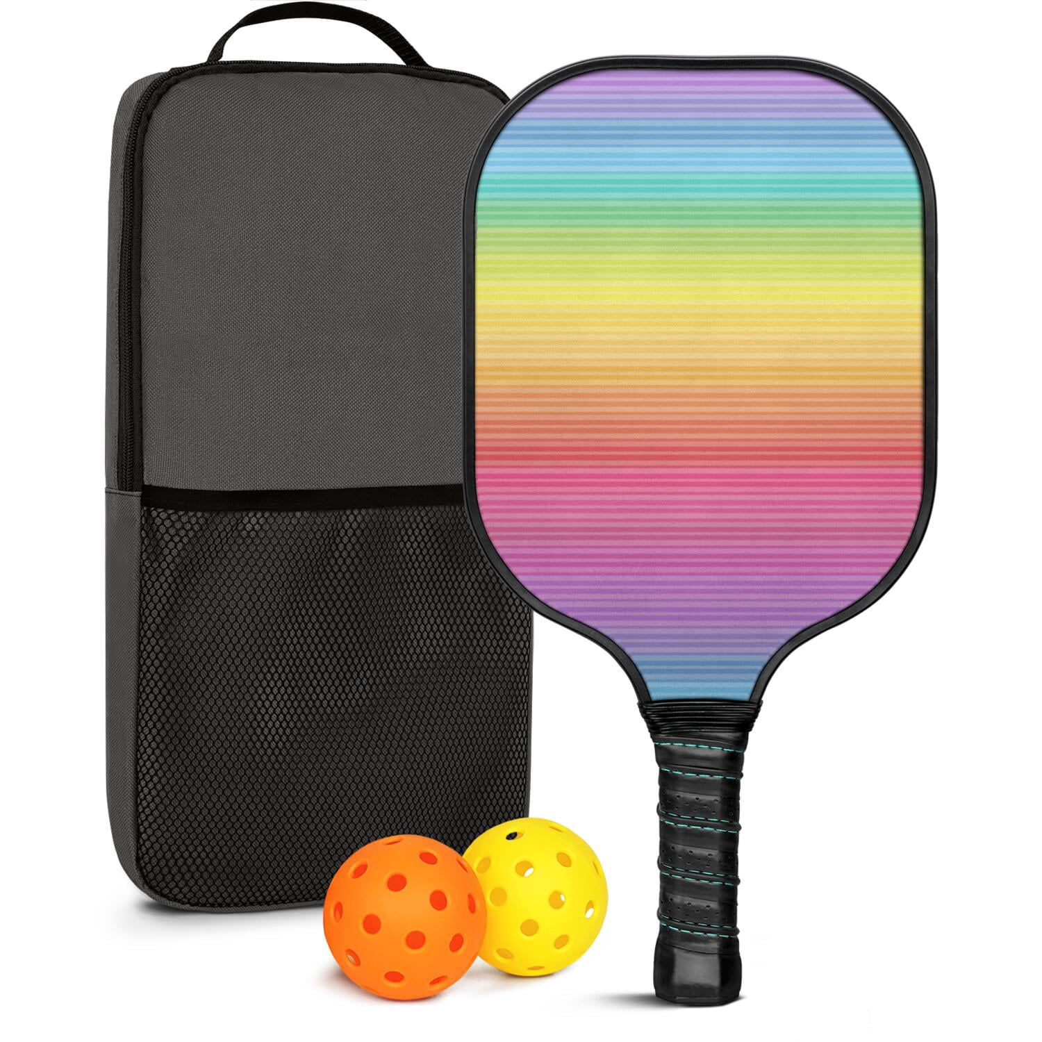 Pickleball Paddles Set Of 1, Fiberglass Surface, Vibrant Rainbow Print, 1 Paddle, 2 Balls & Bag