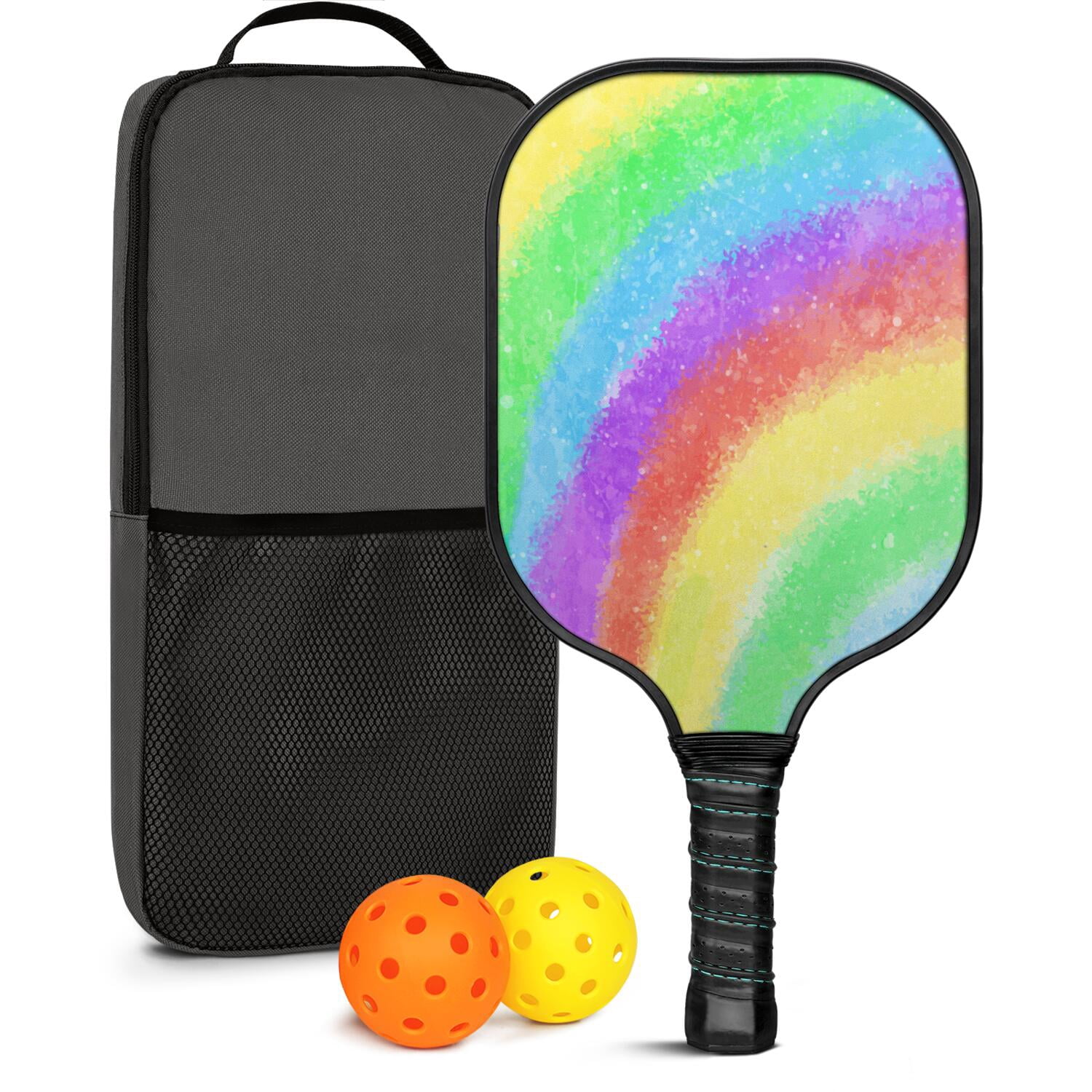 Pickleball Paddles Set Of 1, Fiberglass Surface, Vibrant Rainbow Print, 1 Paddle, 2 Balls & Bag