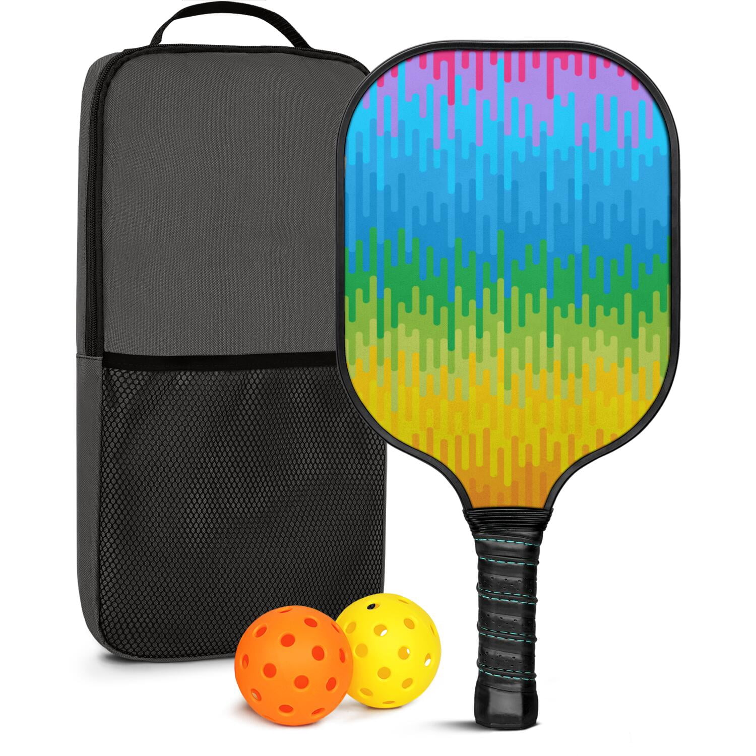 Pickleball Paddles Set Of 1, Fiberglass Surface, Vibrant Rainbow Print, 1 Paddle, 2 Balls & Bag
