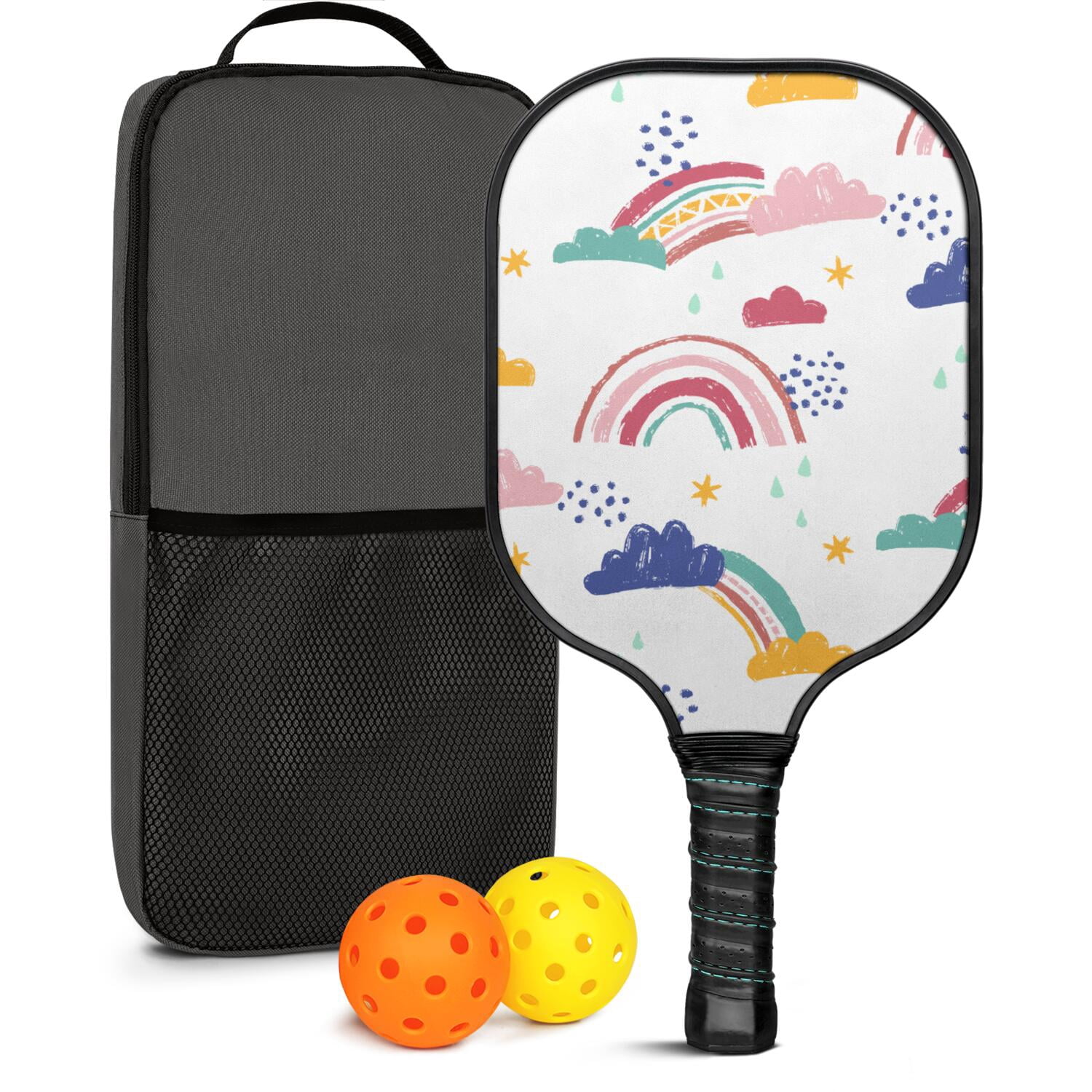 Pickleball Paddles Set Of 1, Fiberglass Surface, Vibrant Rainbow Print, 1 Paddle, 2 Balls & Bag