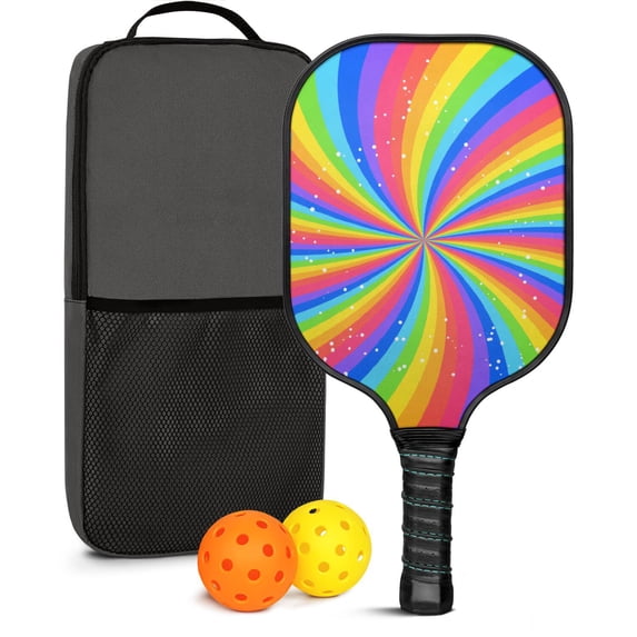 Pickleball Paddles Set Of 1, Fiberglass Surface, Vibrant Rainbow Print, 1 Paddle, 2 Balls & Bag