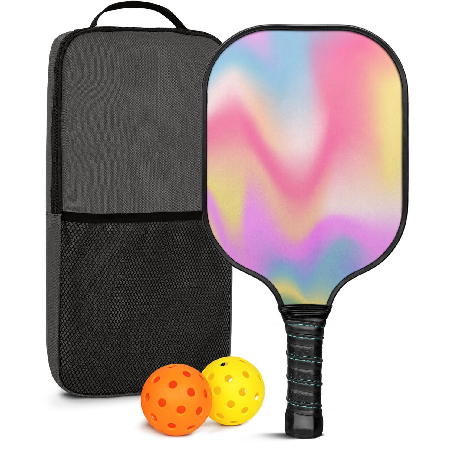 Pickleball Paddles Set Of 1, Fiberglass Surface, Vibrant Rainbow Print, 1 Paddle, 2 Balls & Bag