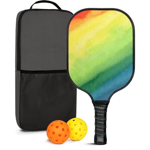 Pickleball Paddles Set Of 1, Fiberglass Surface, Vibrant Rainbow Print, 1 Paddle, 2 Balls & Bag