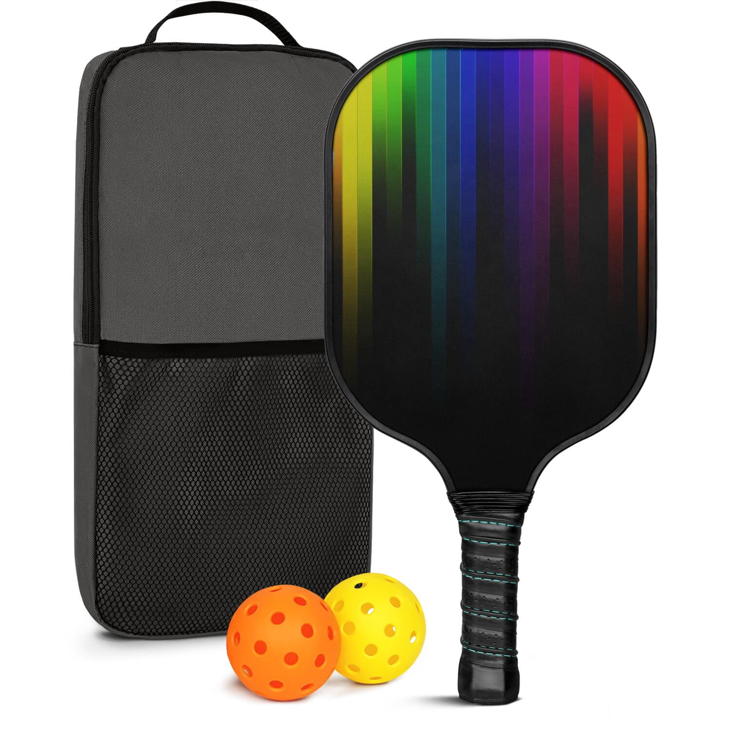 Pickleball Paddles Set Of 1, Fiberglass Surface, Vibrant Rainbow Print, 1 Paddle, 2 Balls & Bag