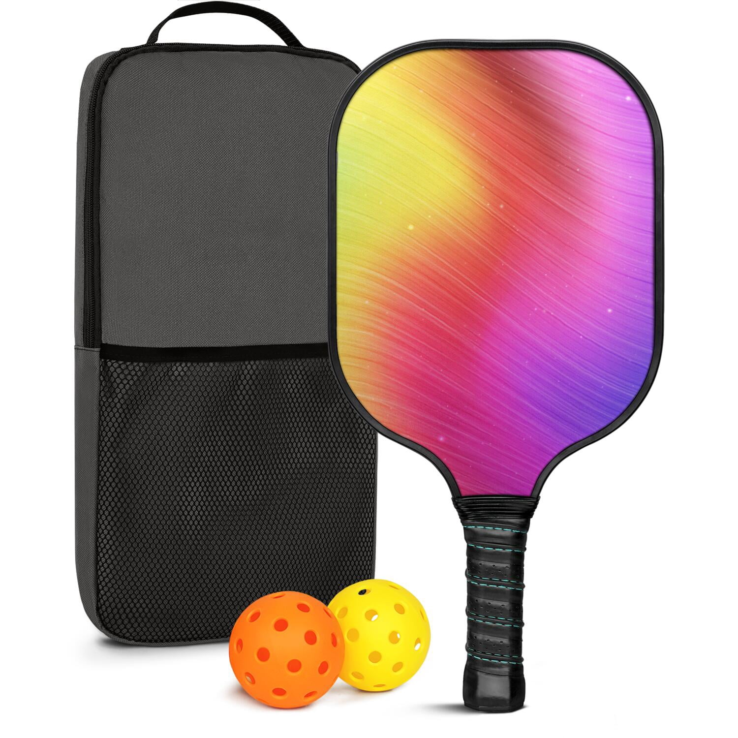 Pickleball Paddles Set Of 1, Fiberglass Surface, Vibrant Rainbow Print, 1 Paddle, 2 Balls & Bag